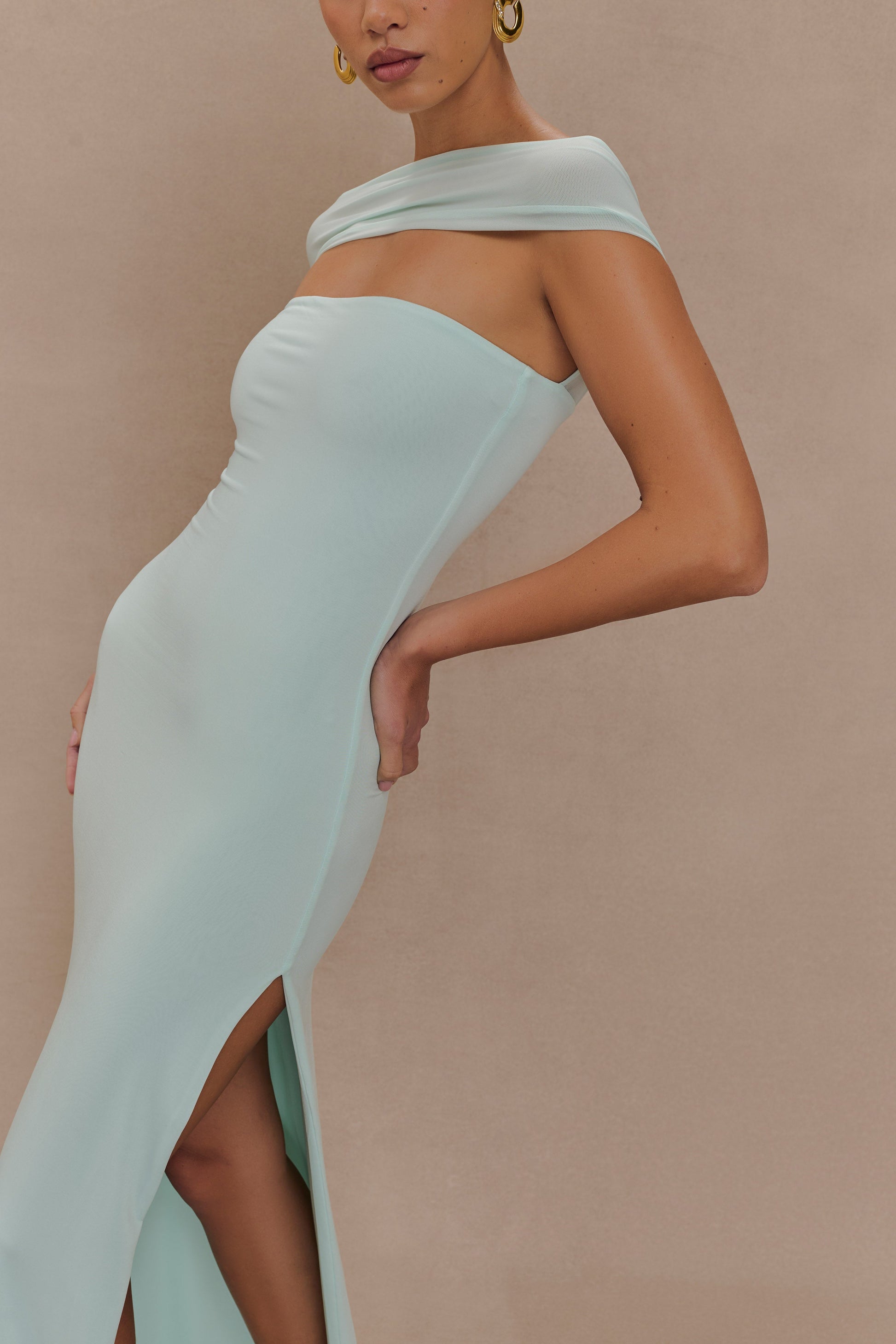 Aurora Slinky And Mesh Split Maxi Dress - Lagoon #5
