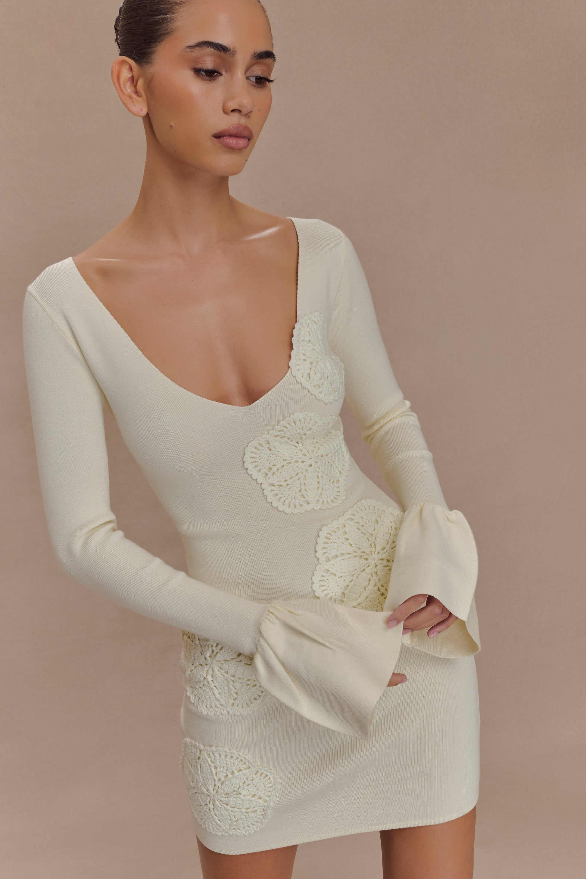 Amari Knit Crochet Knit Mini Dress - Ivory #3