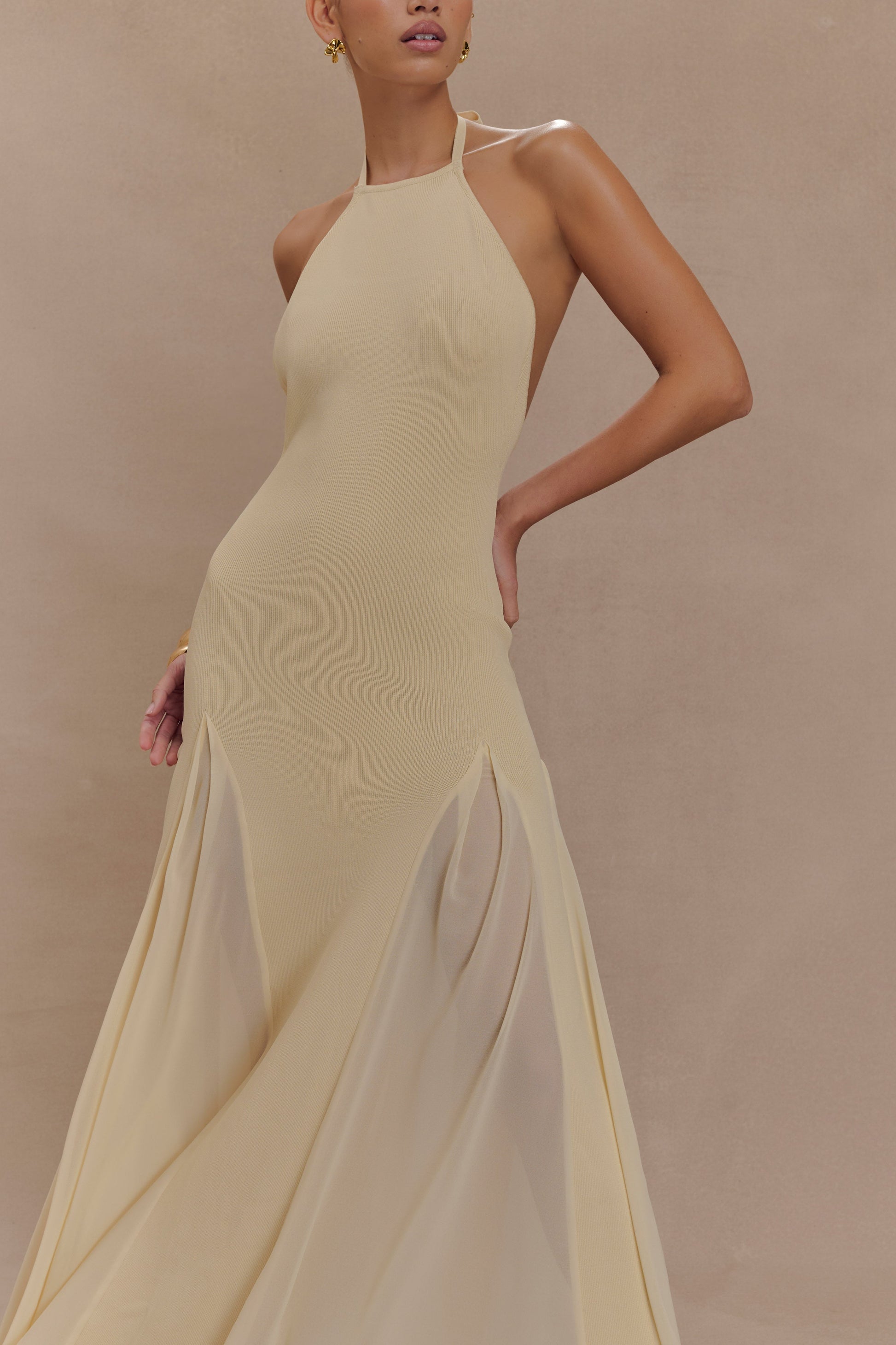 Soleil Knit And Mesh Halter Maxi Dress - Cream #3