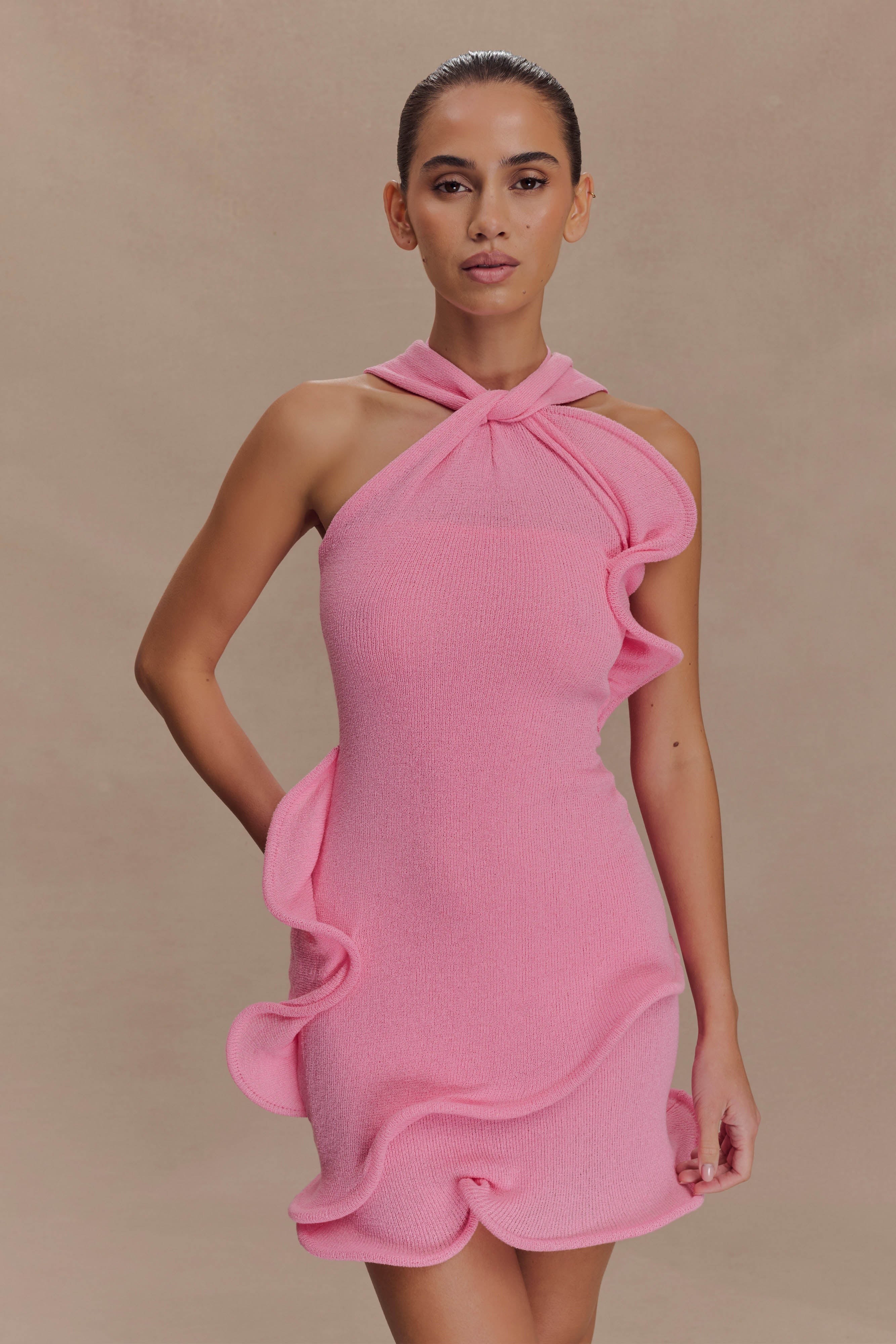 Caprice Halter Knit Mini Dress - Bubblegum Pink | MESHKI UK