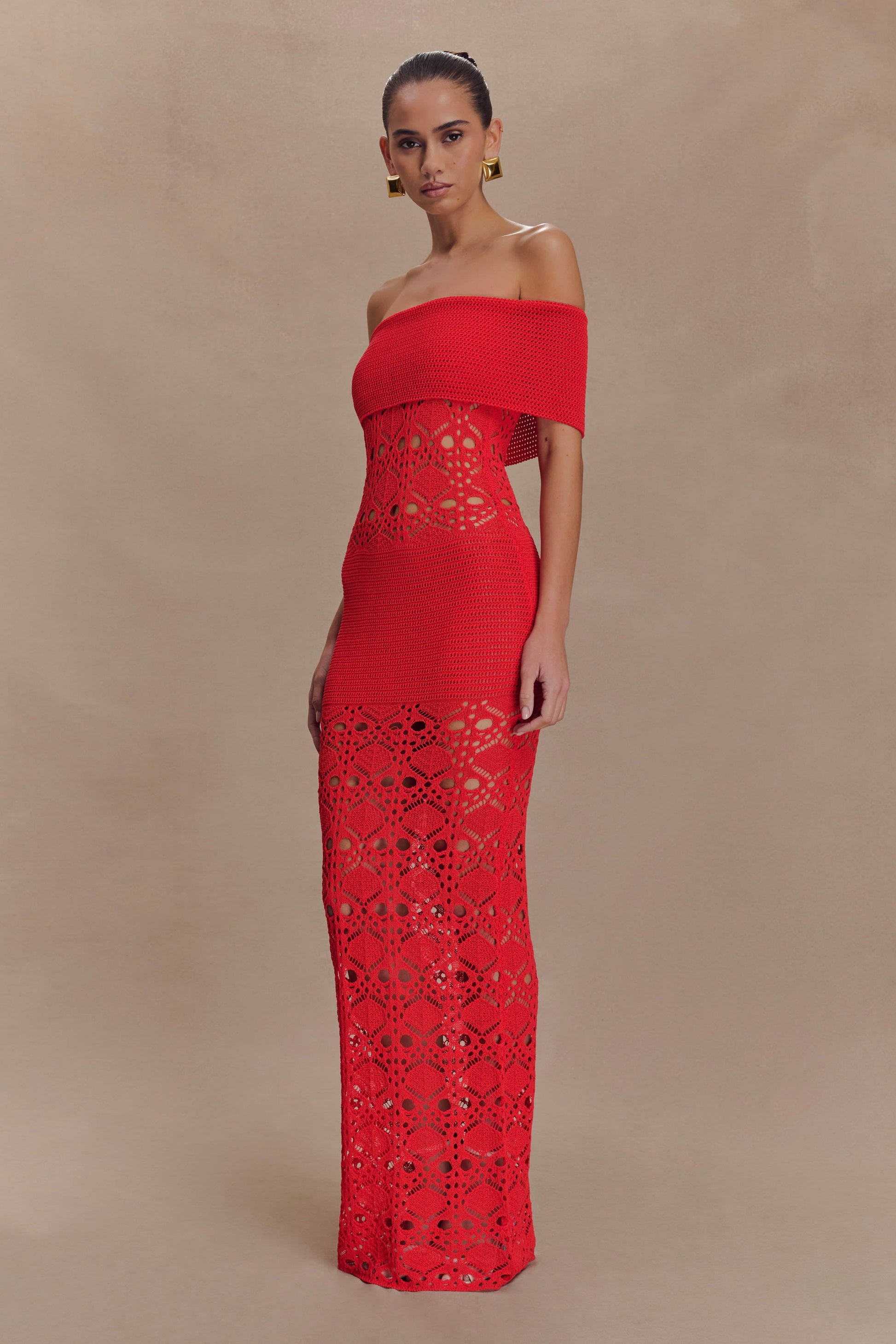 Solstice Off Shoulder Crochet Knit Maxi Dress - Blood Orange #4