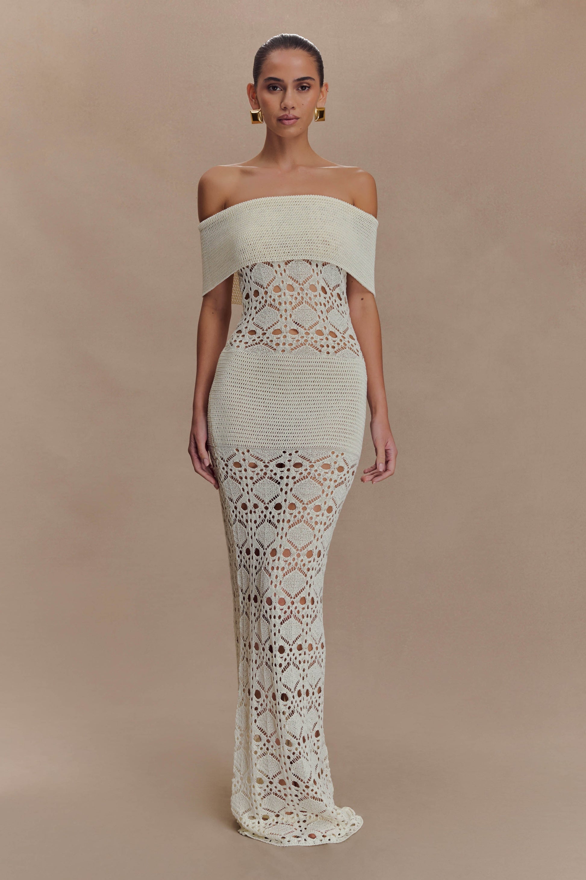 Solstice Off Shoulder Crochet Knit Maxi Dress - Ivory