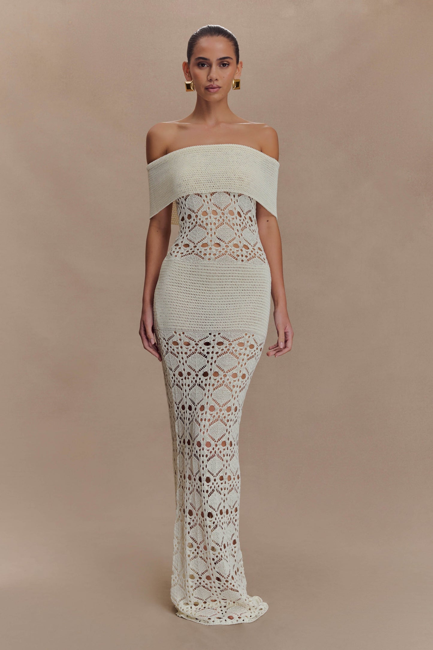 Solstice Off Shoulder Crochet Knit Maxi Dress - Ivory