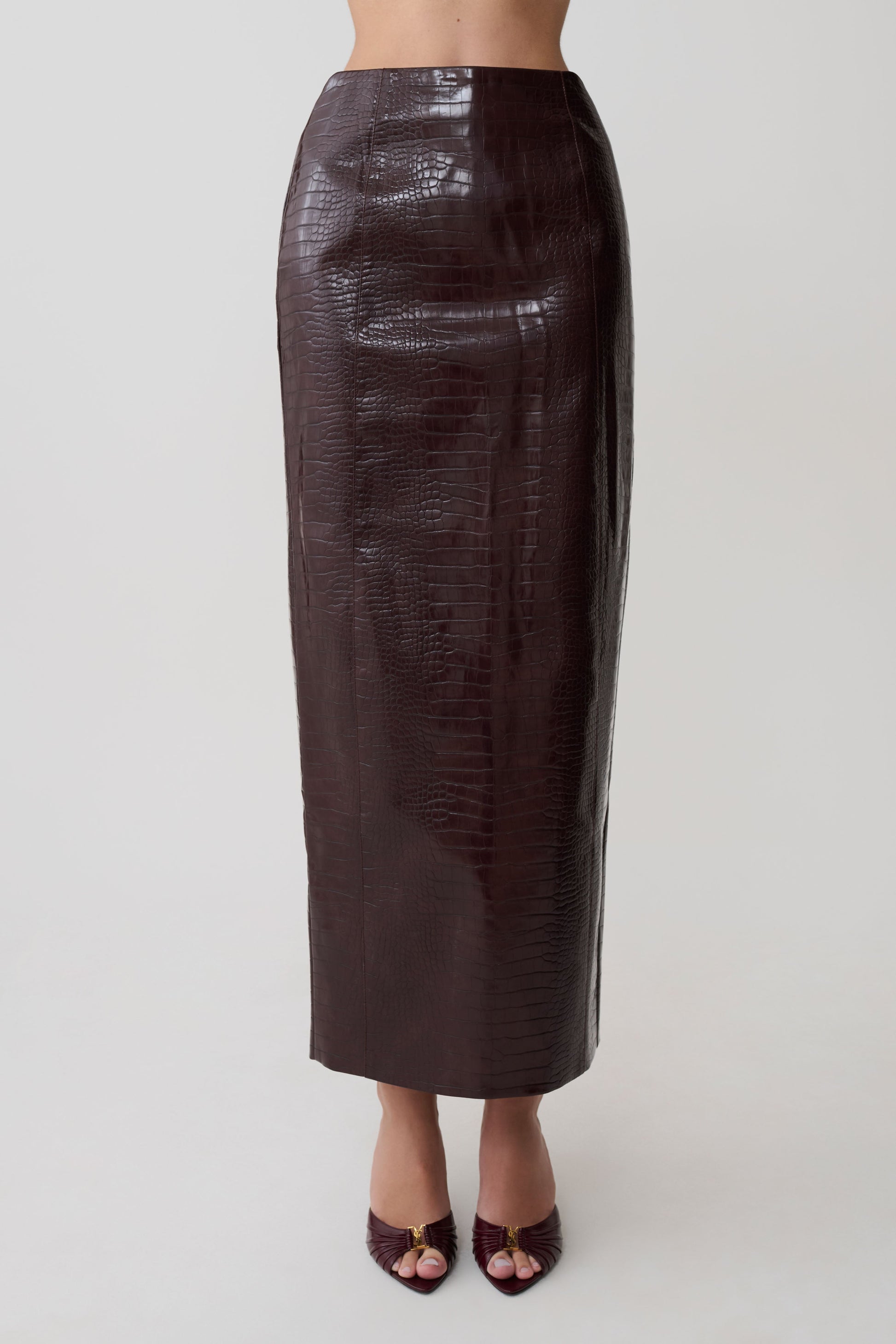 Thalia Croc Faux Leather Midi Skirt - Merlot #8