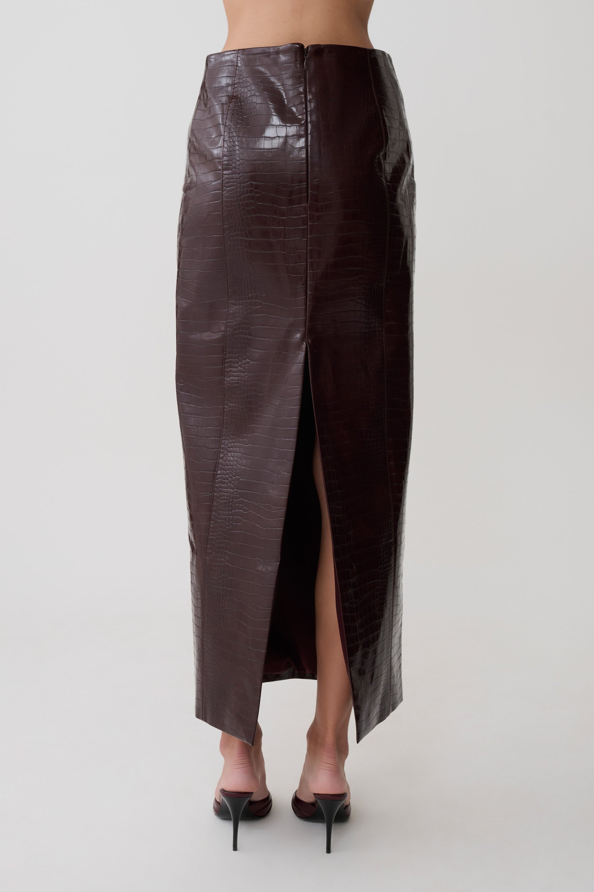Thalia Croc Faux Leather Midi Skirt - Merlot #10
