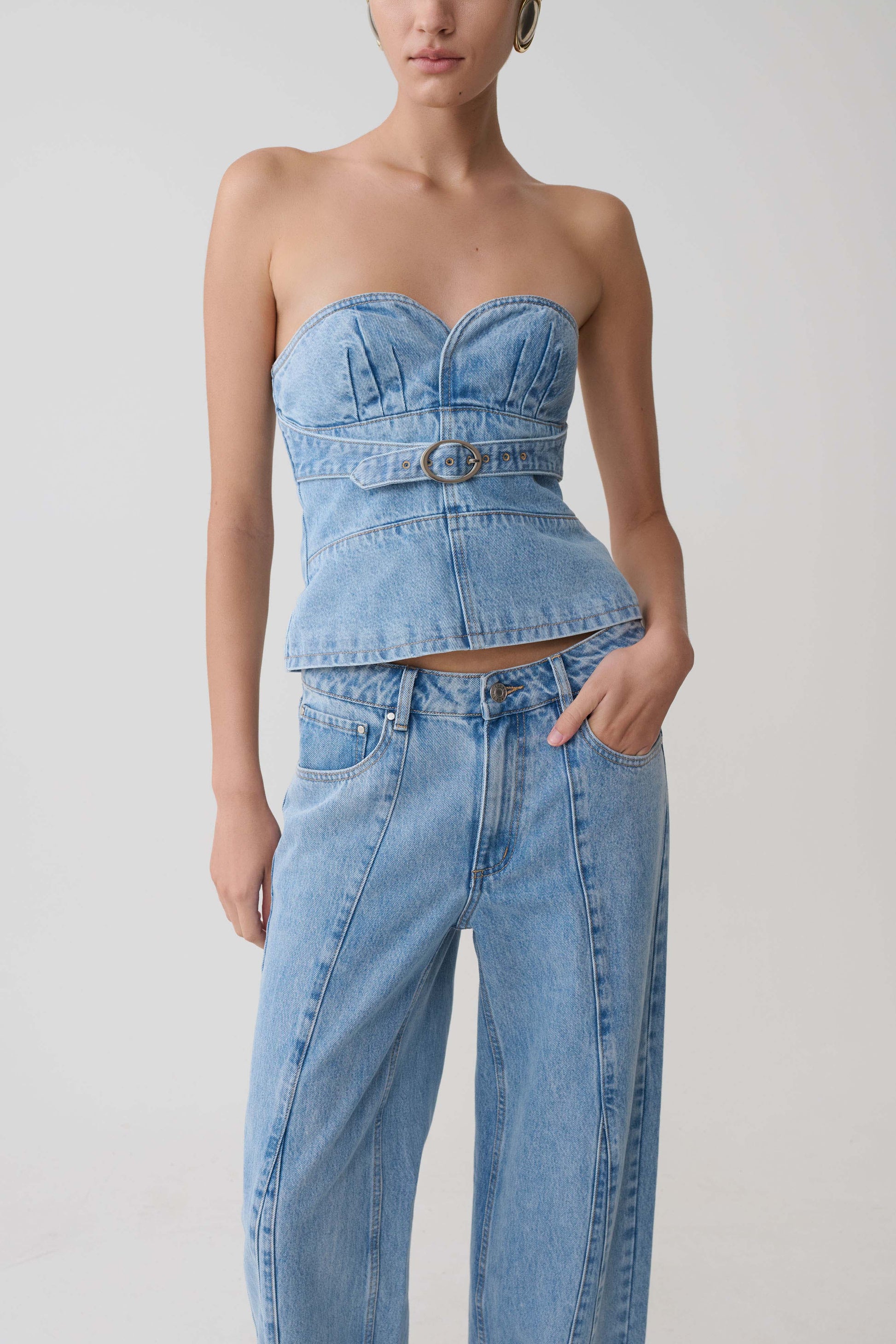 Tommy Strapless Denim Top With Buckle - Classic Blue #6