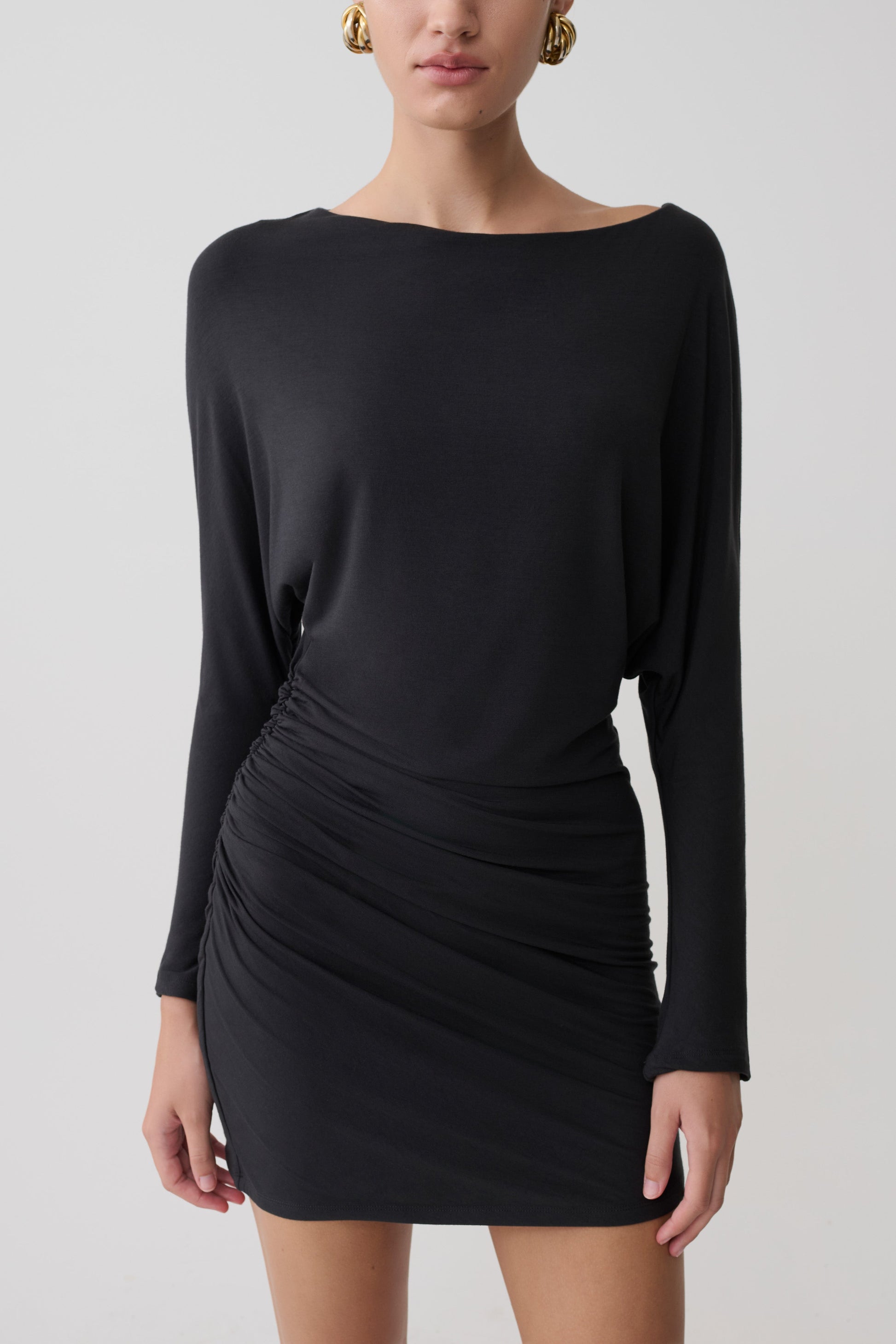 Thao Long Sleeve Gathered Mini Dress - Dark Charcoal #4