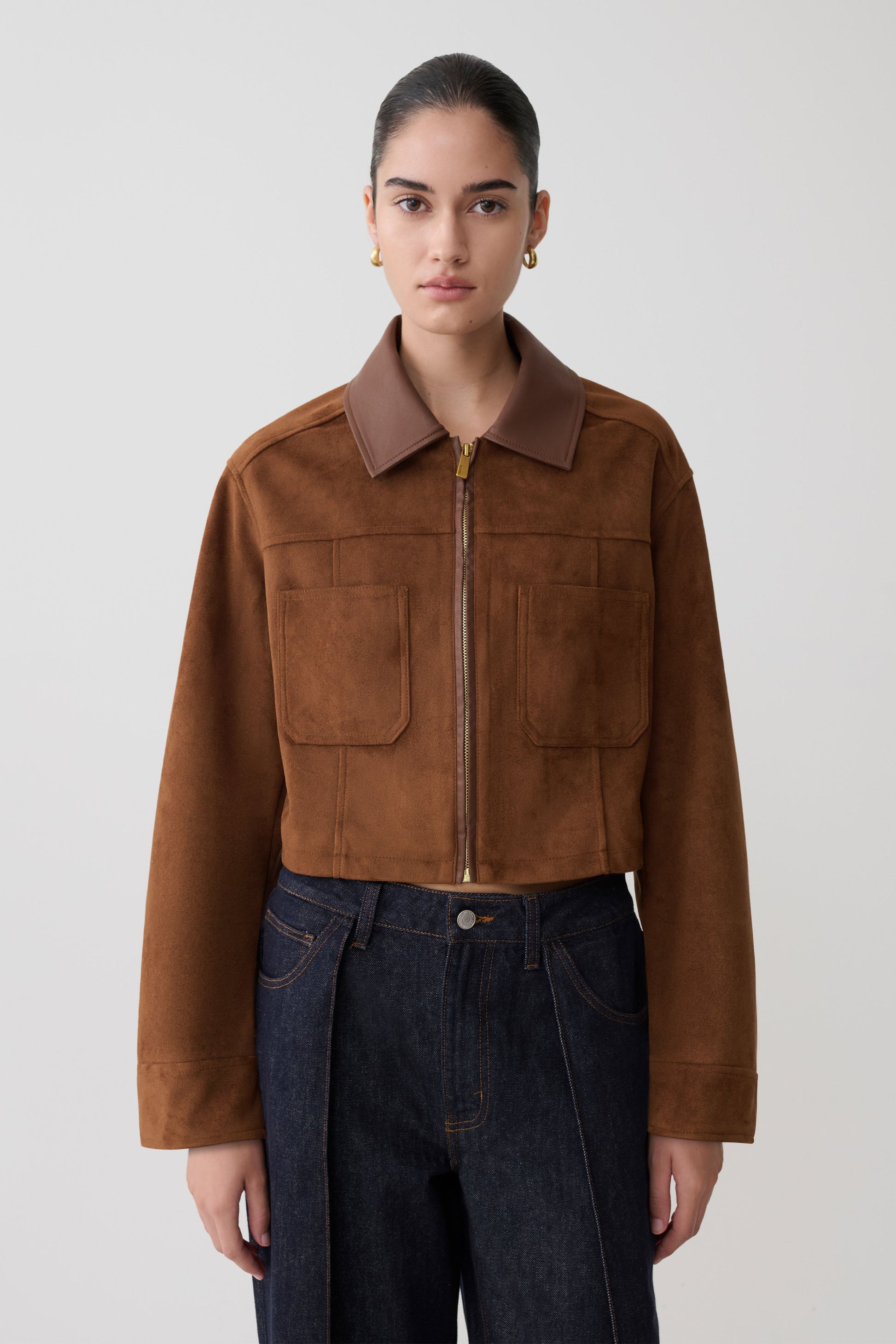 Remy Faux Suede & Leather Collared Jacket - Tan #6