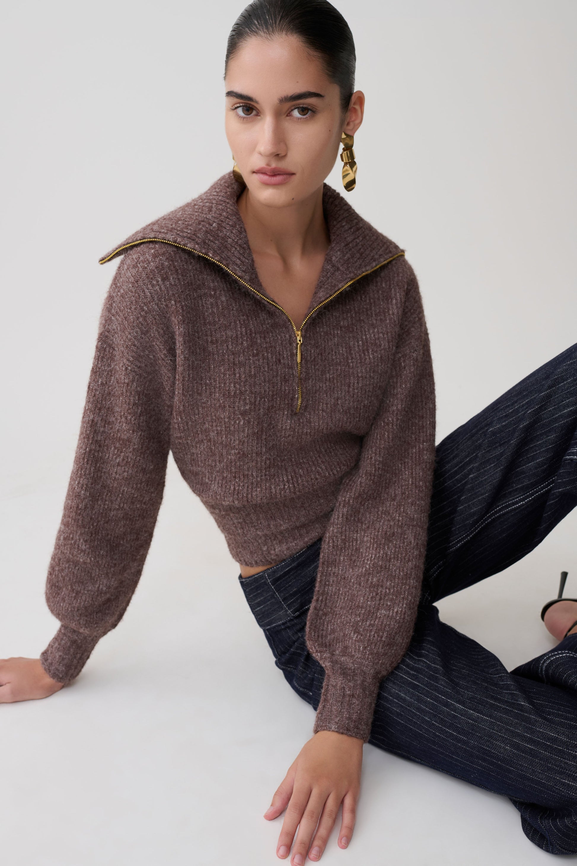 Skylaine Zip Knit Jumper - Brown Marle #4