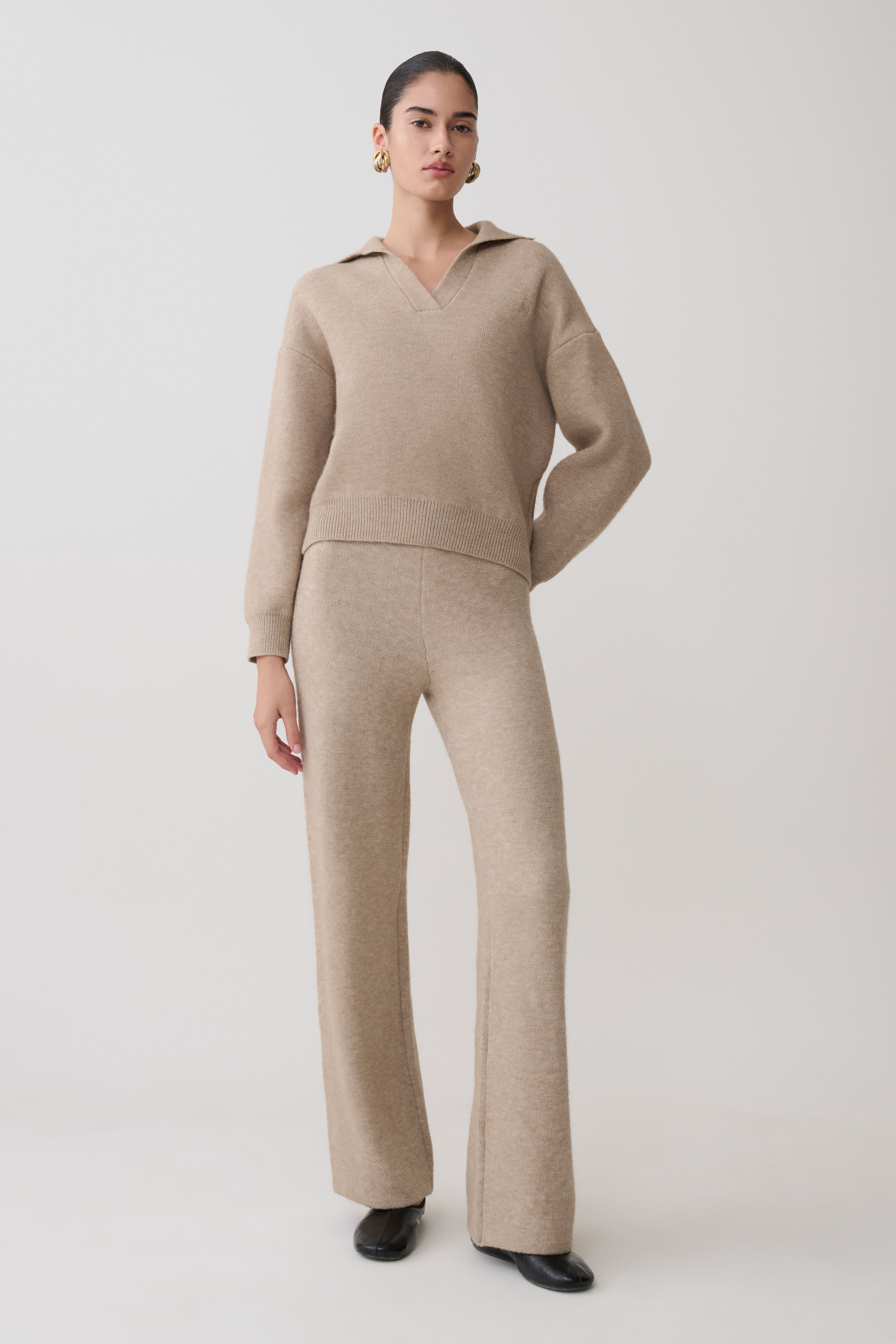 パンツ everyone belted easy pants BEIGE M Evan Knit Wide Leg Pants - Beige Marle | MESHKI UK