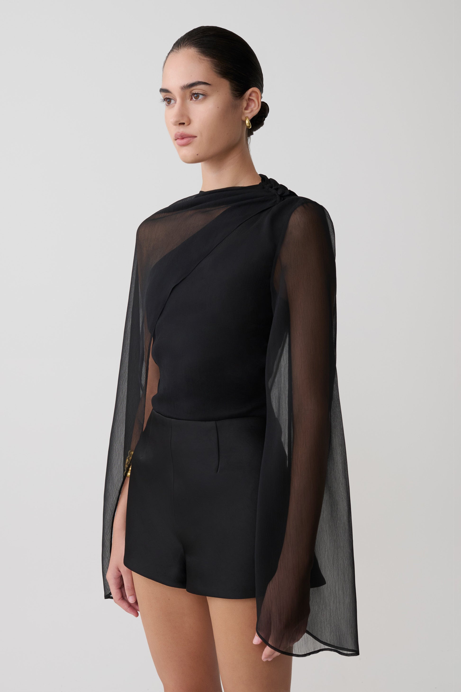 Ida Sheer Asymmetrical Long Sleeve Cape - Black #5