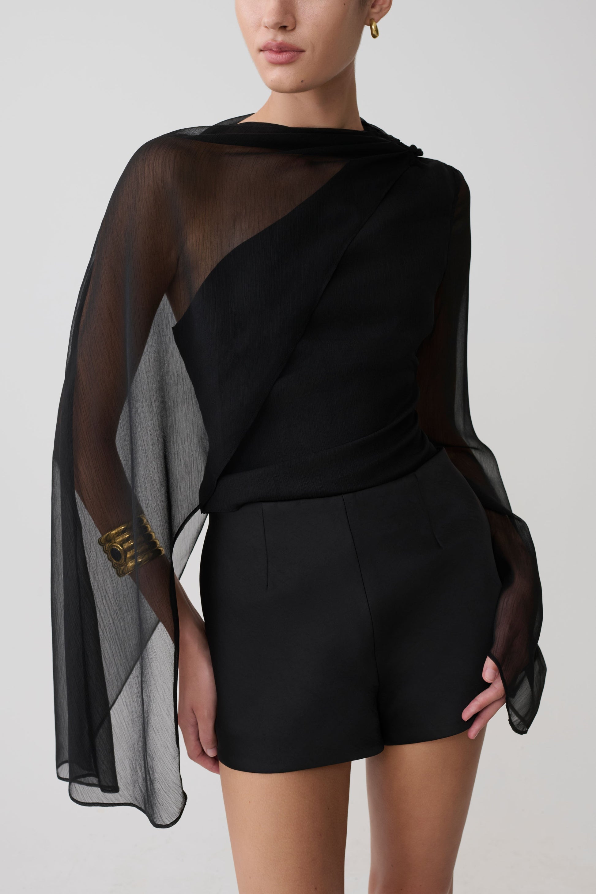 Ida Sheer Asymmetrical Long Sleeve Cape - Black #3