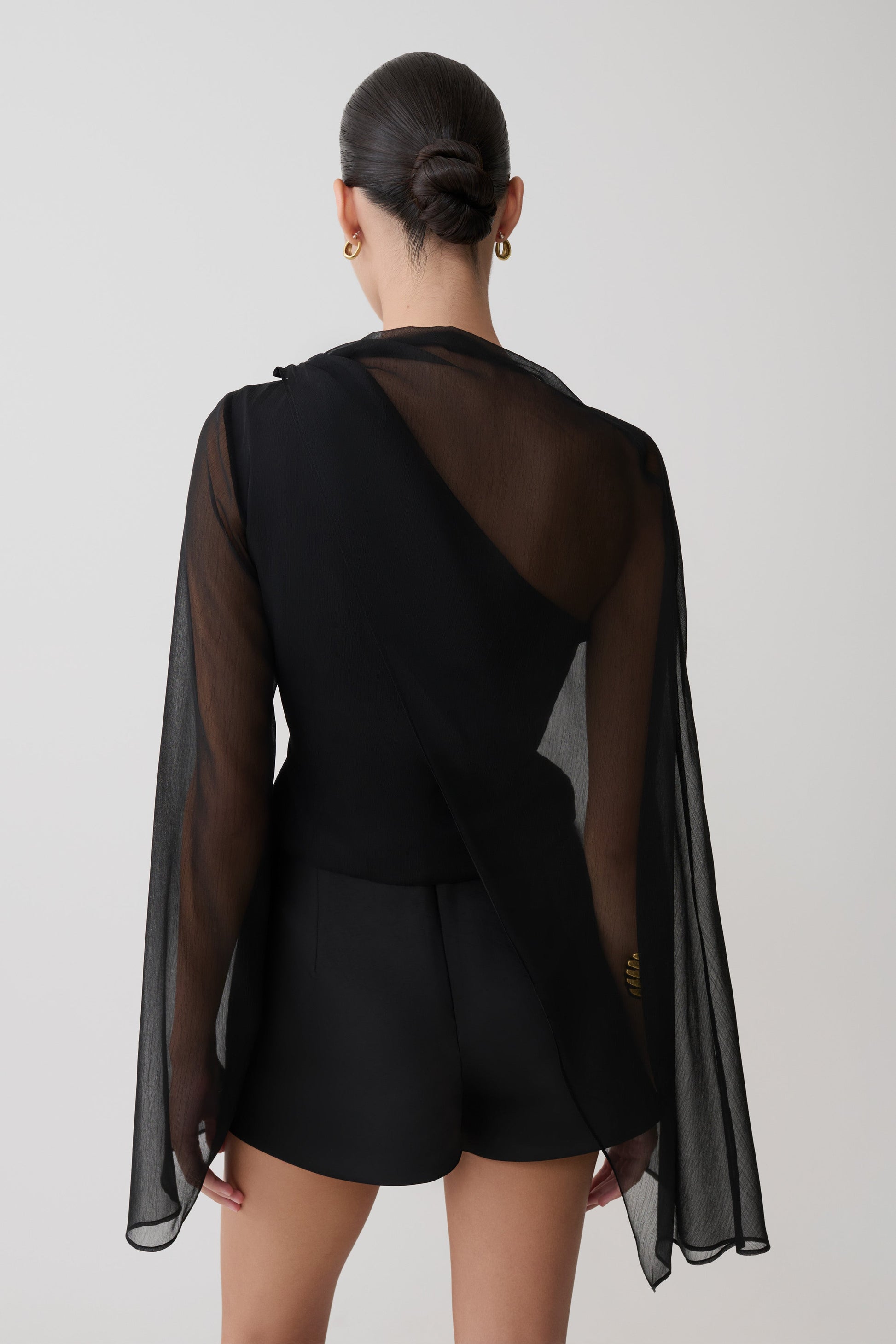 Ida Sheer Asymmetrical Long Sleeve Cape - Black #2