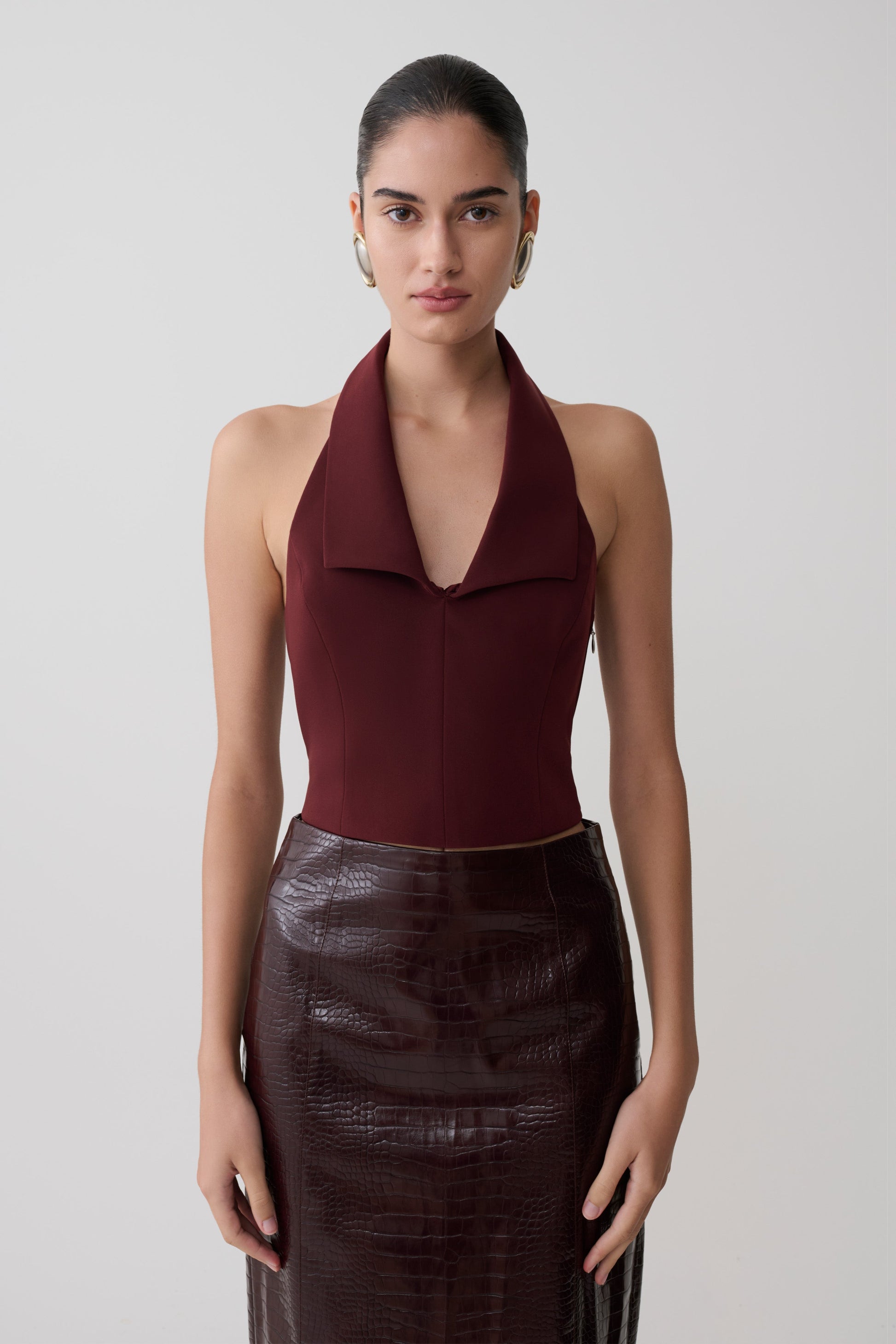 Calla Collared Sleeveless Halter Top - Merlot #4