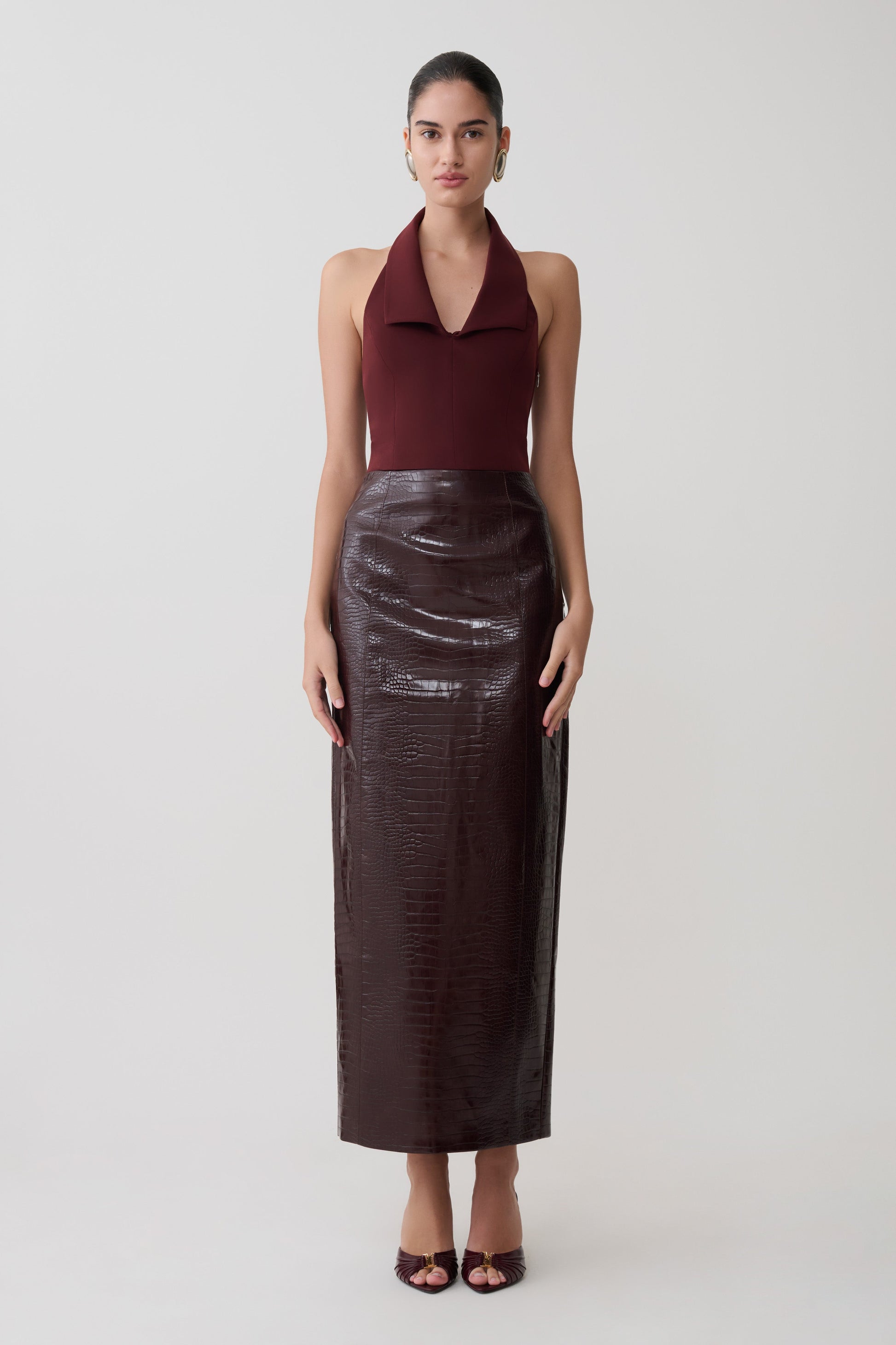 Thalia Croc Faux Leather Midi Skirt - Merlot #3