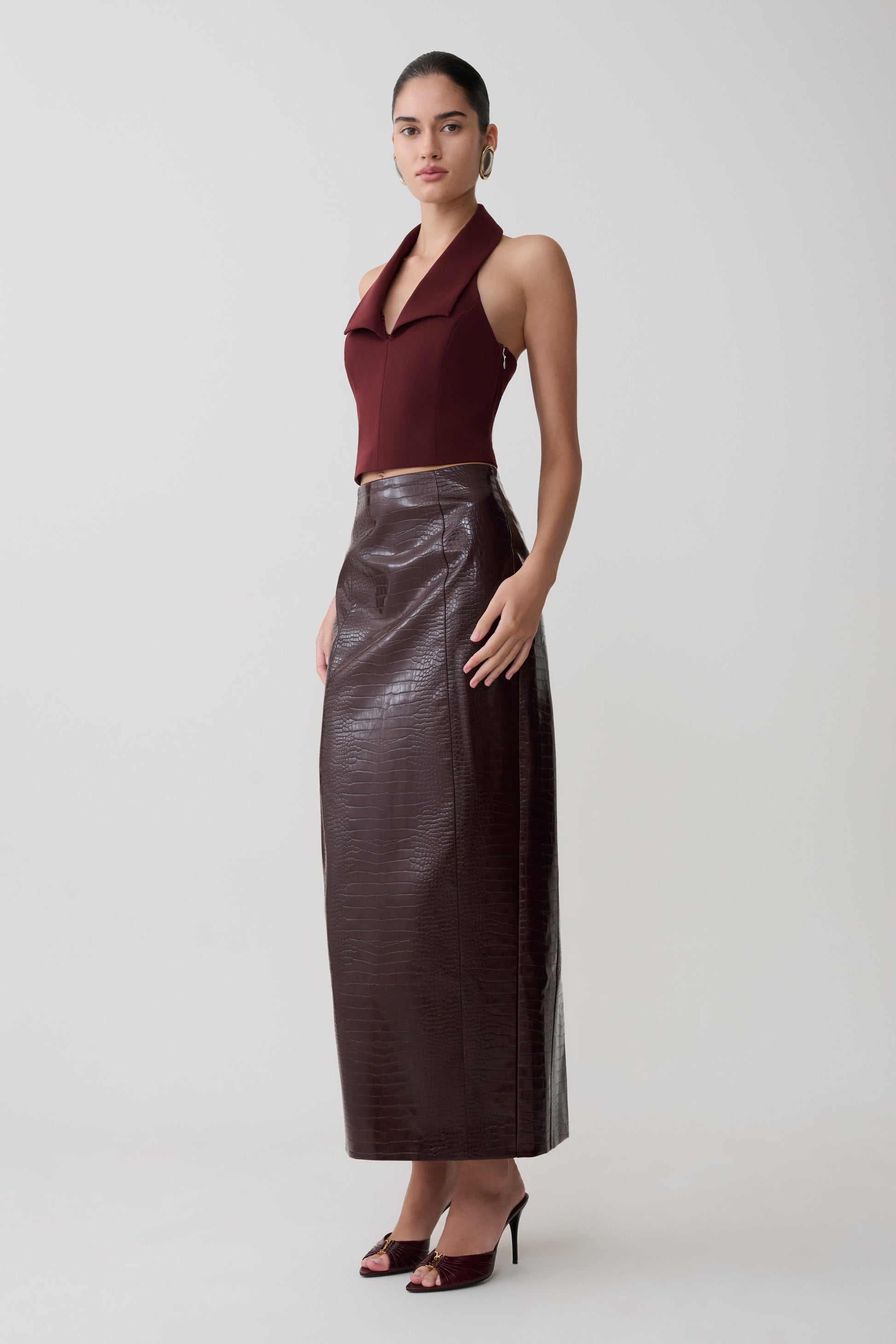 Thalia Croc Faux Leather Midi Skirt - Merlot #2