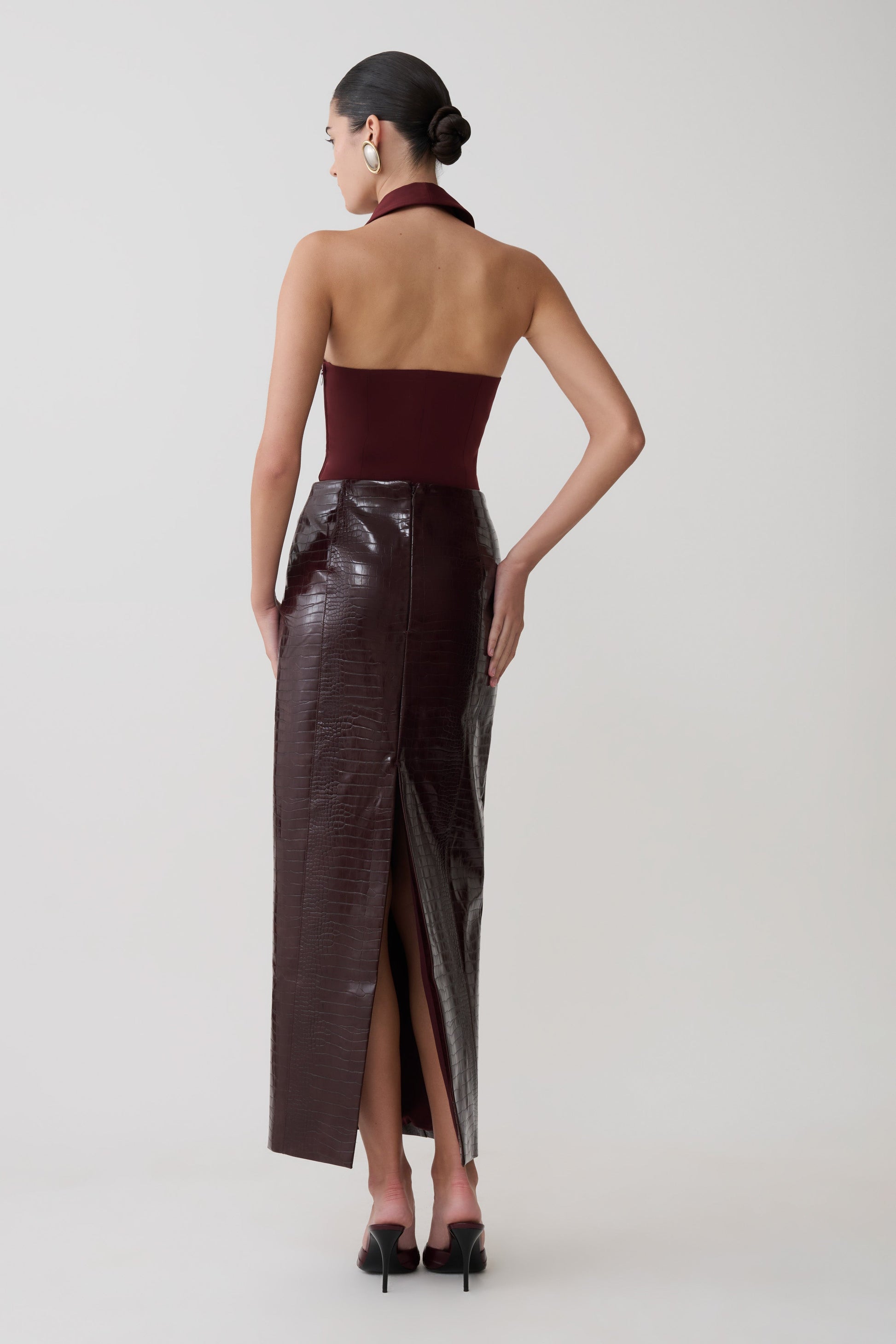 Thalia Croc Faux Leather Midi Skirt - Merlot #4