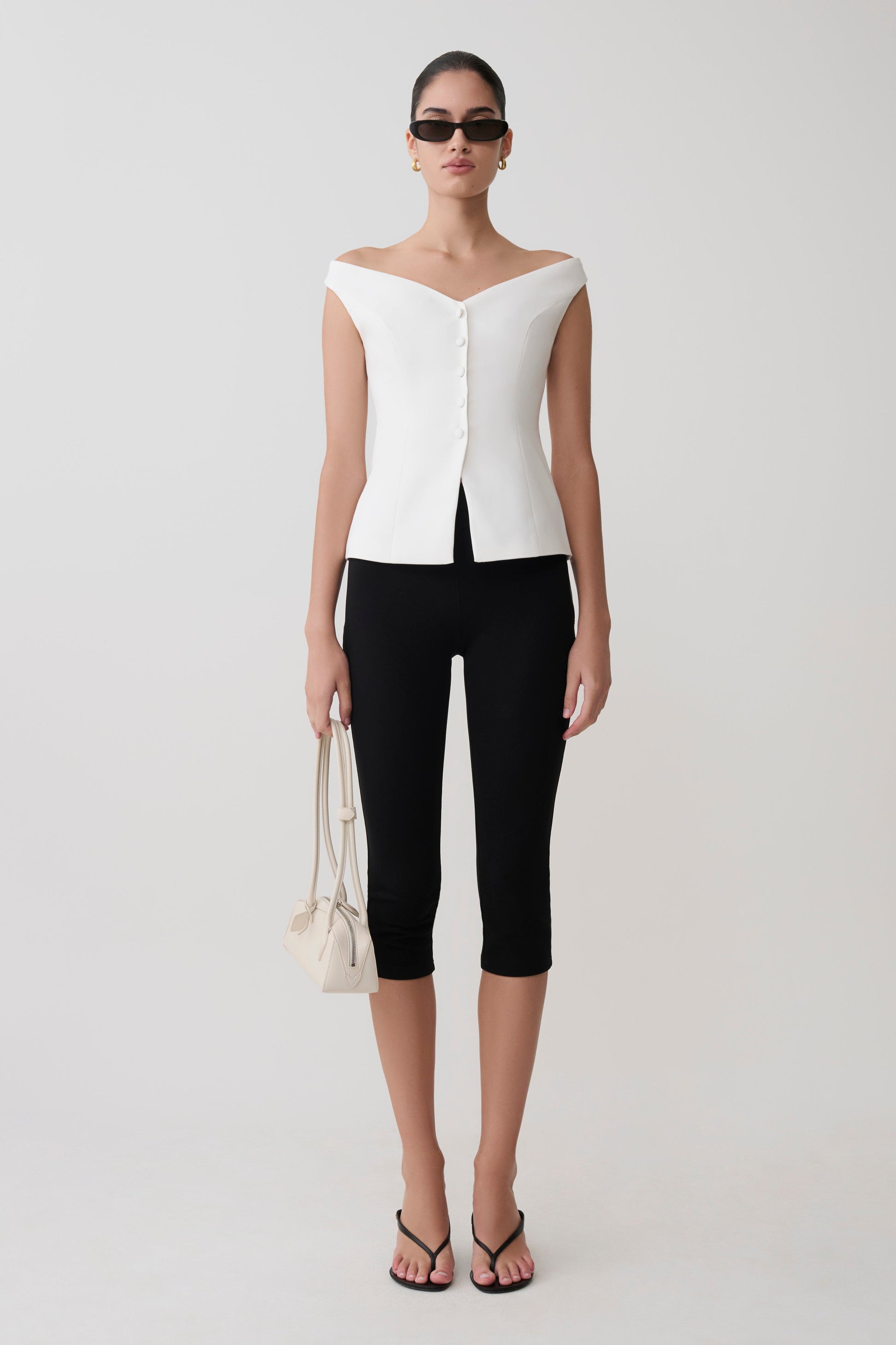 Billie Off Shoulder Sleeveless Button Top - White #6