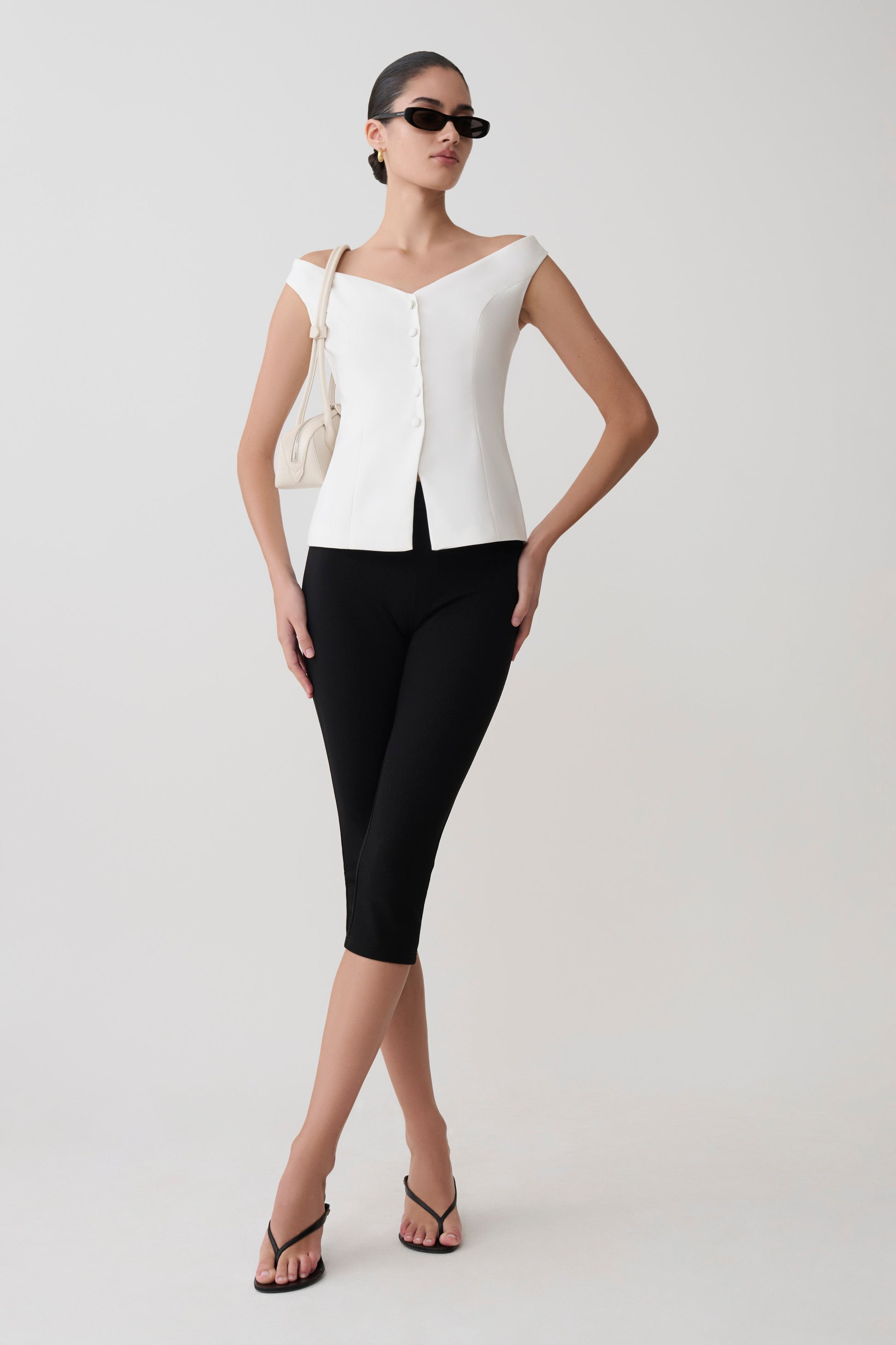 Billie Off Shoulder Sleeveless Button Top - White #5