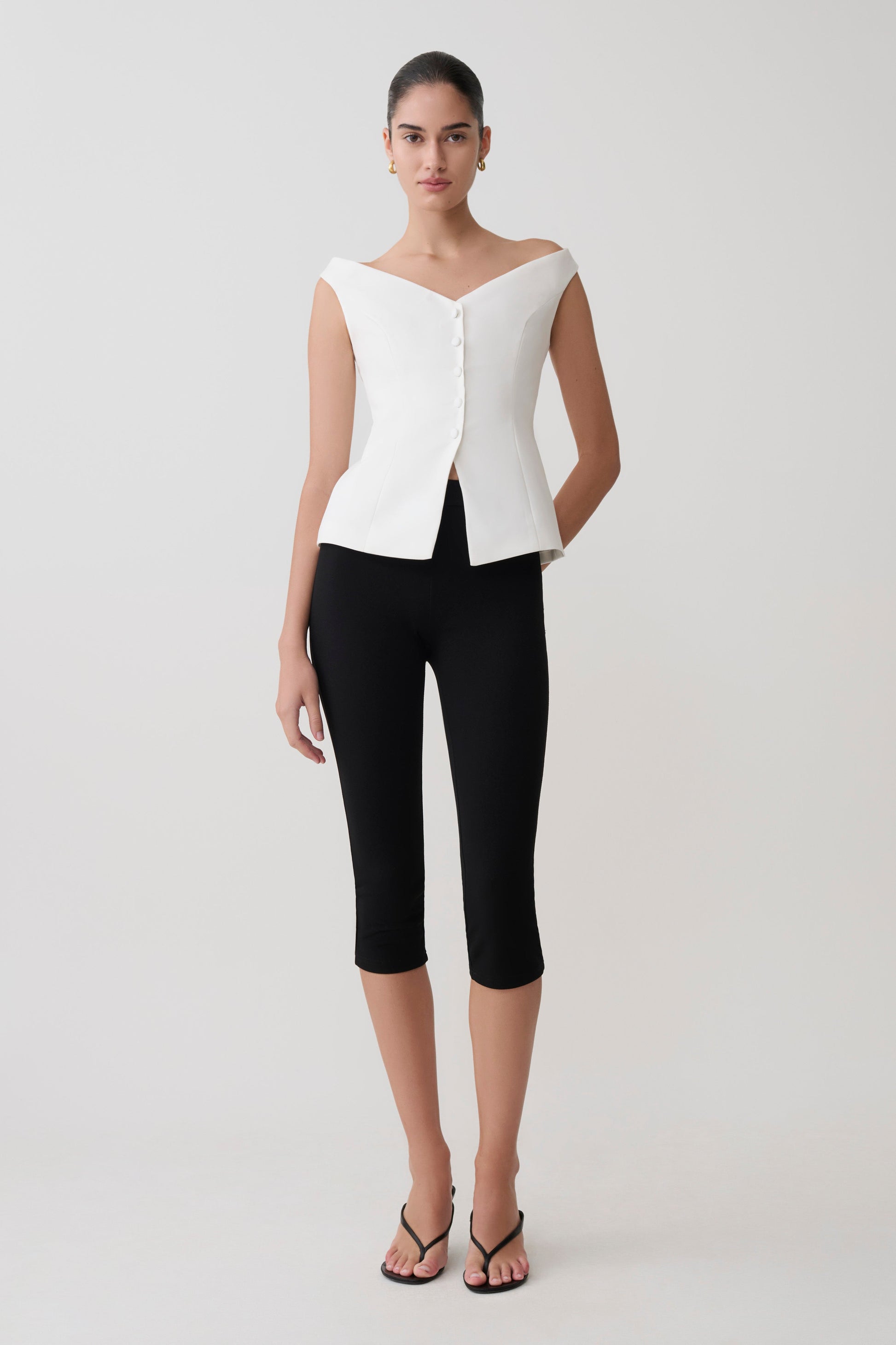 Billie Off Shoulder Sleeveless Button Top - White #7
