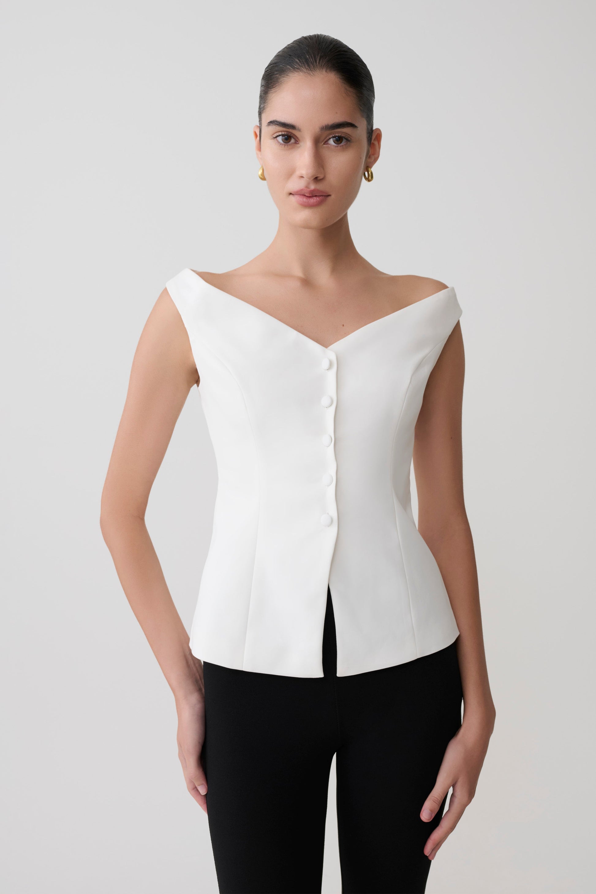 Billie Off Shoulder Sleeveless Button Top - White #2