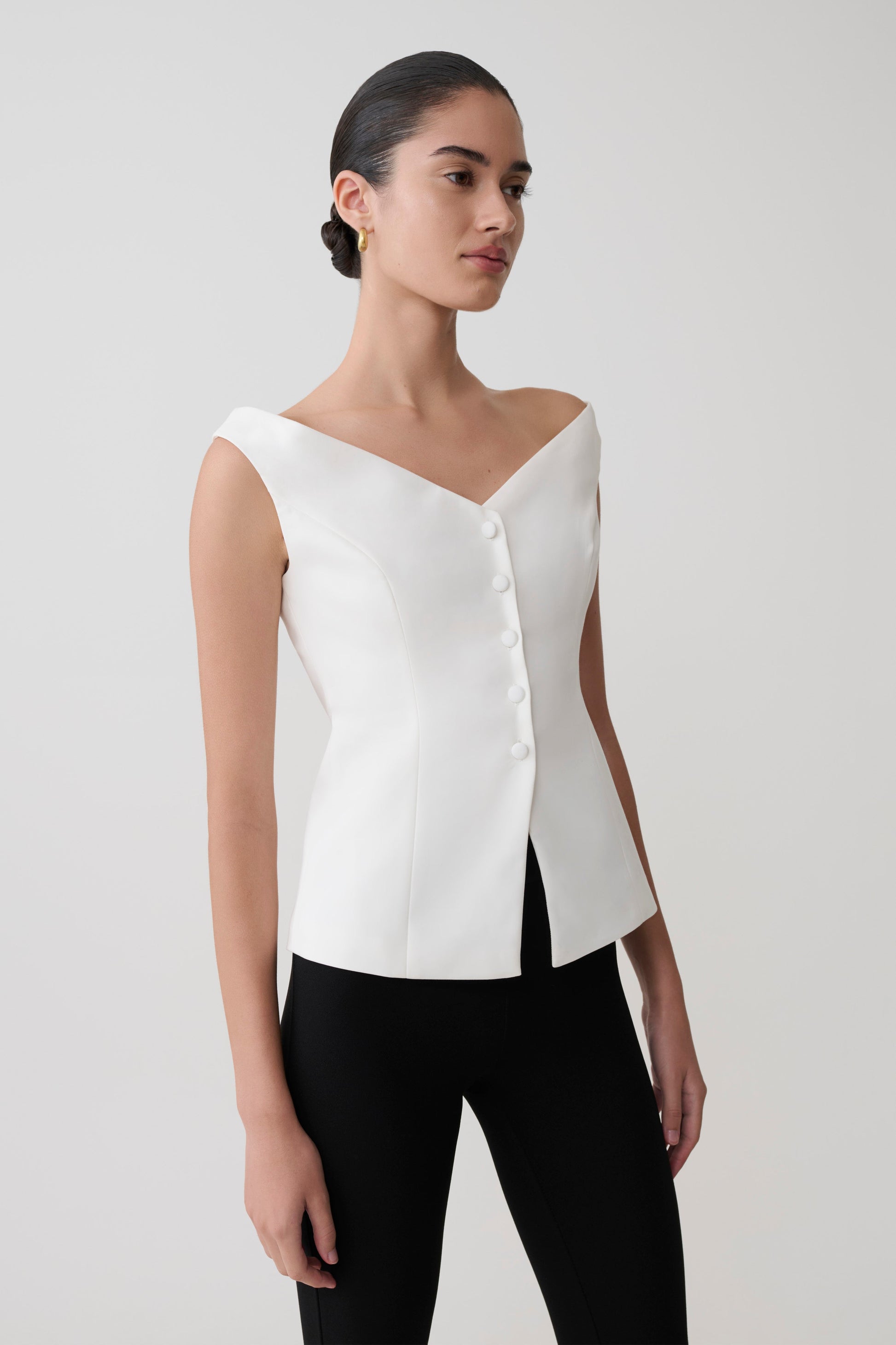 Billie Off Shoulder Sleeveless Button Top - White #4