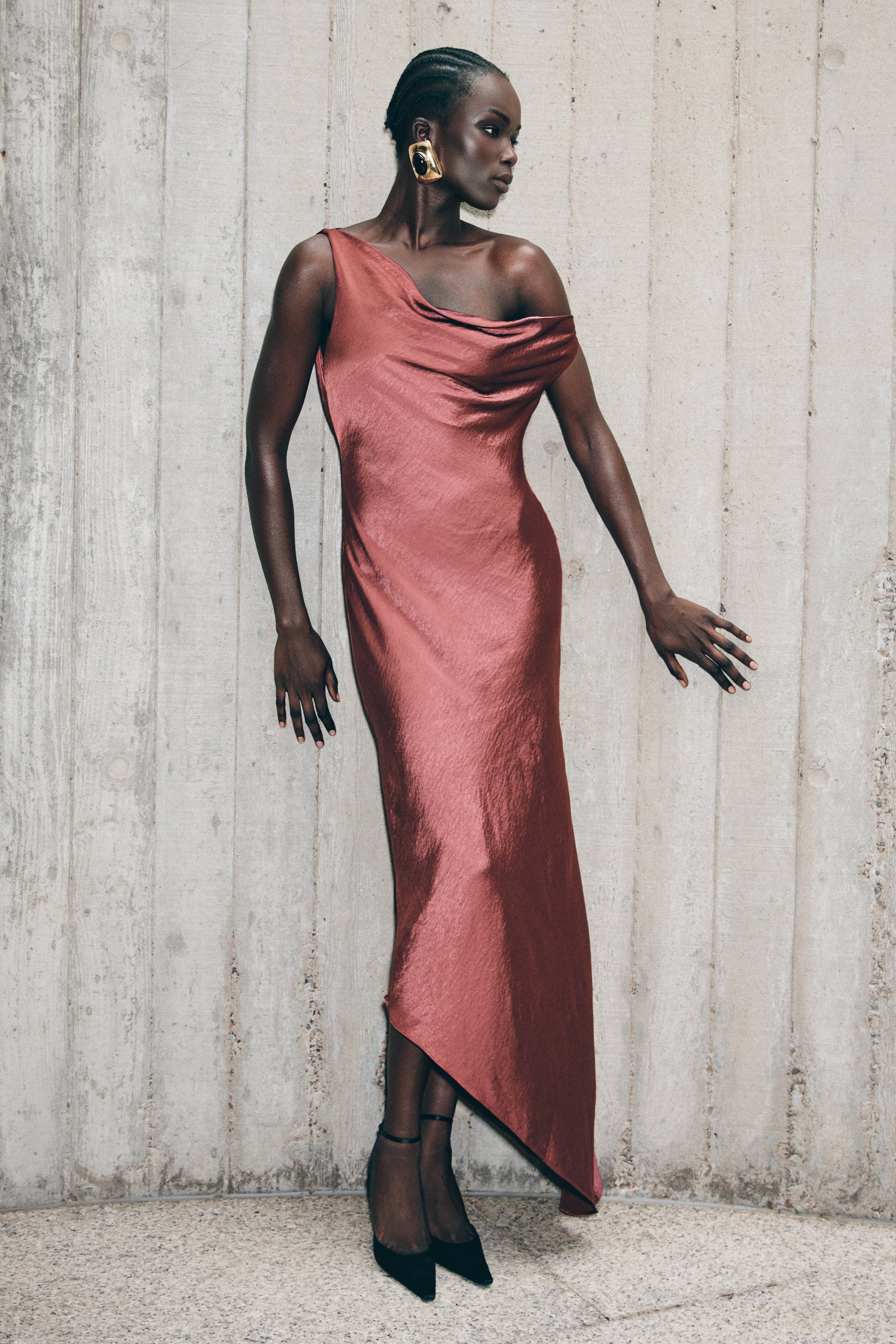 Yvette Slip Maxi Dress With Asymmetrical Hem - Brown Cherry | MESHKI UK Yvette Slip Maxi Dress With Asymmetrical Hem - Brown Cherry | MESHKI UK