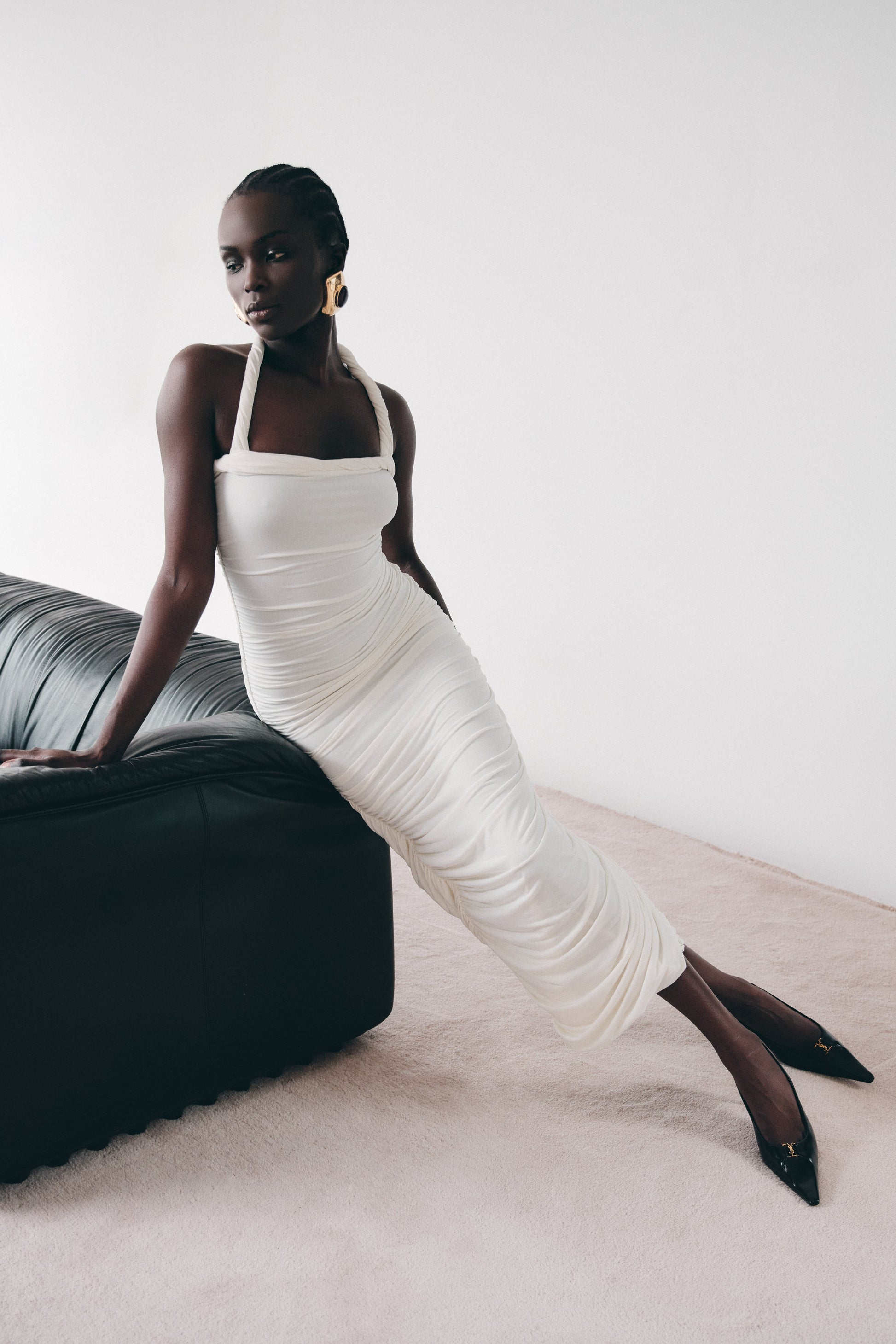 Camila Ruched Halter Midi Dress - Ivory | MESHKI UK Camila Ruched Halter Midi Dress - Ivory | MESHKI UK