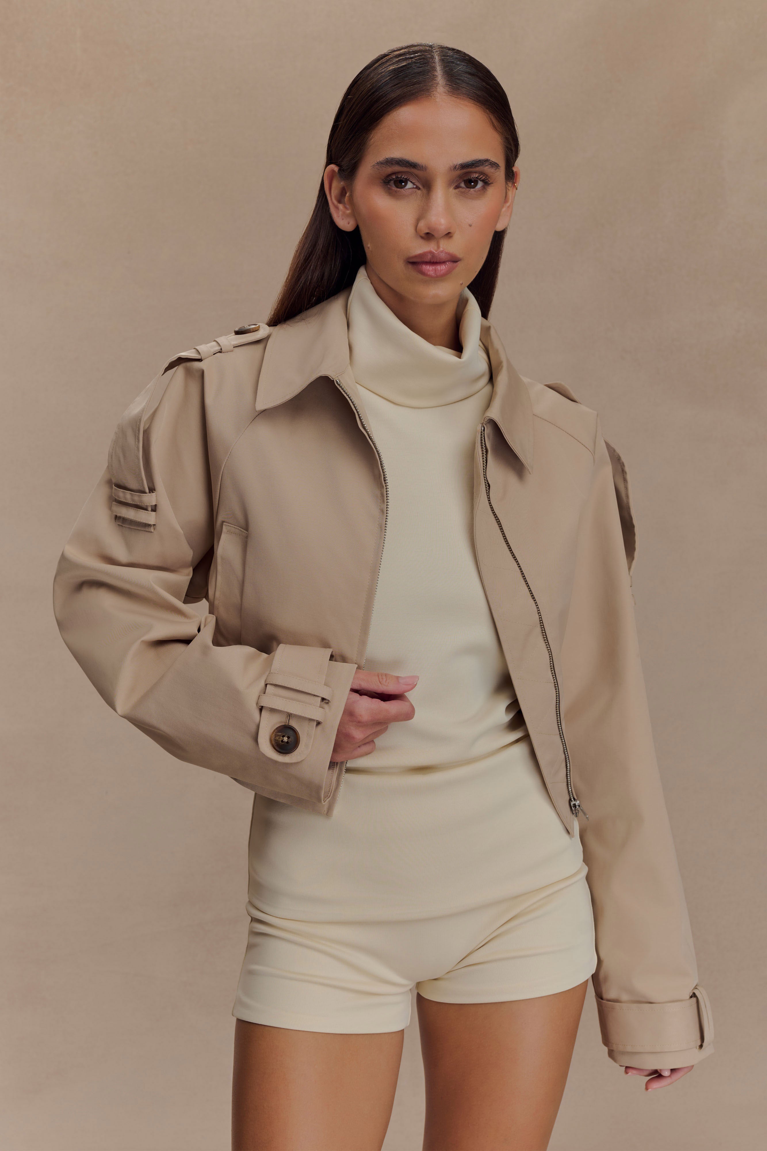 ジャケット・アウター CuLLt Monotone Keyhole Cropped Blouson Frank Cropped Collared Jacket - Camel | MESHKI UK