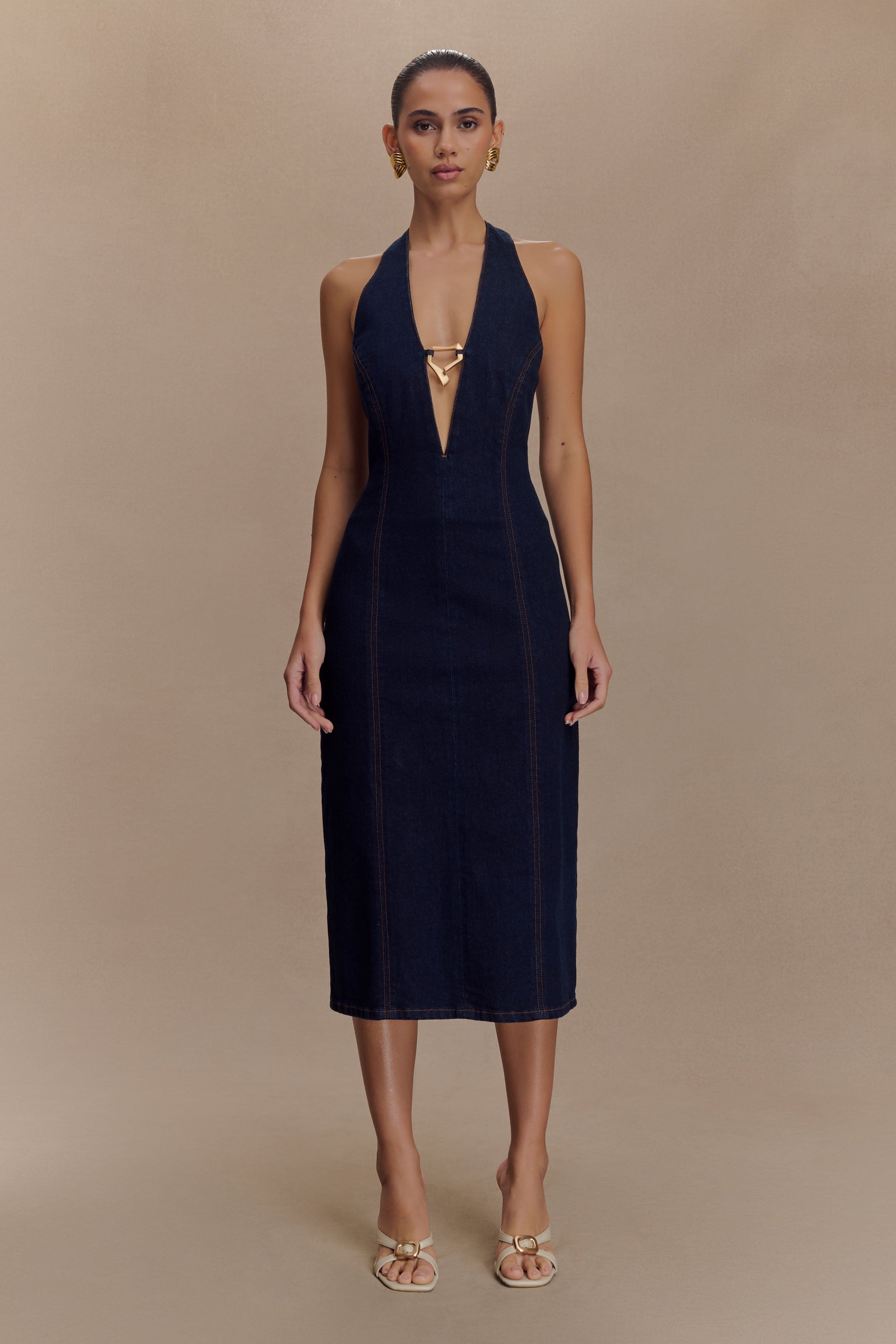 Shauna Denim Halter Midi Dress - Indigo Blue