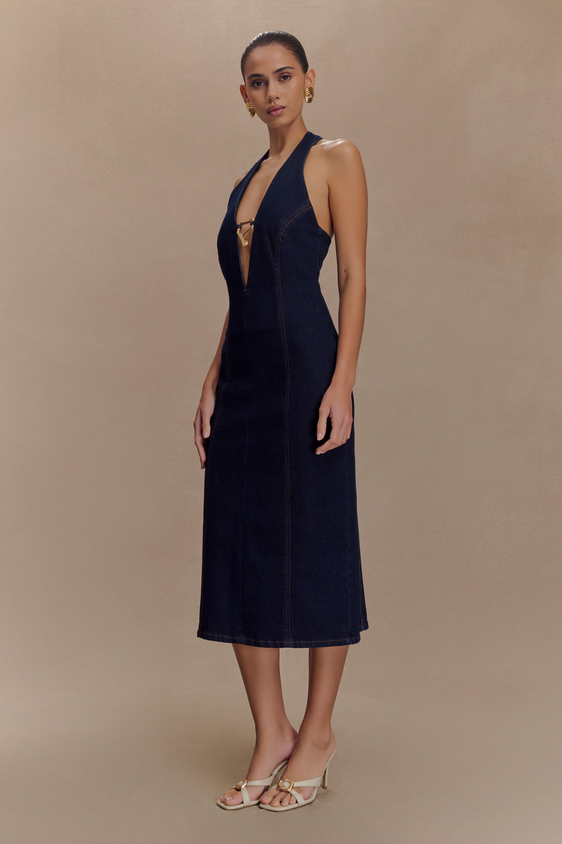 Shauna Denim Halter Midi Dress - Indigo Blue #4