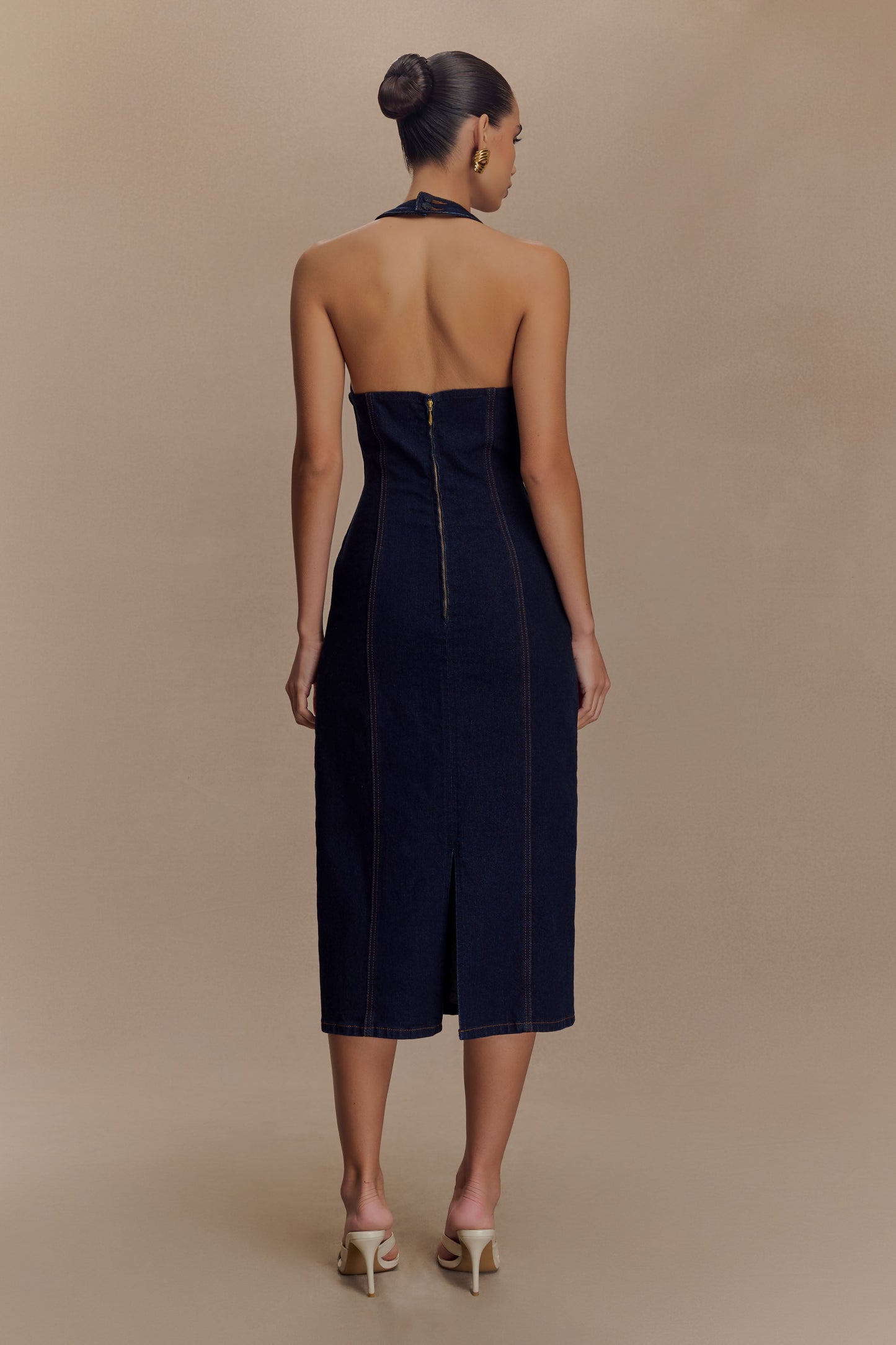 Shauna Denim Halter Midi Dress - Indigo Blue