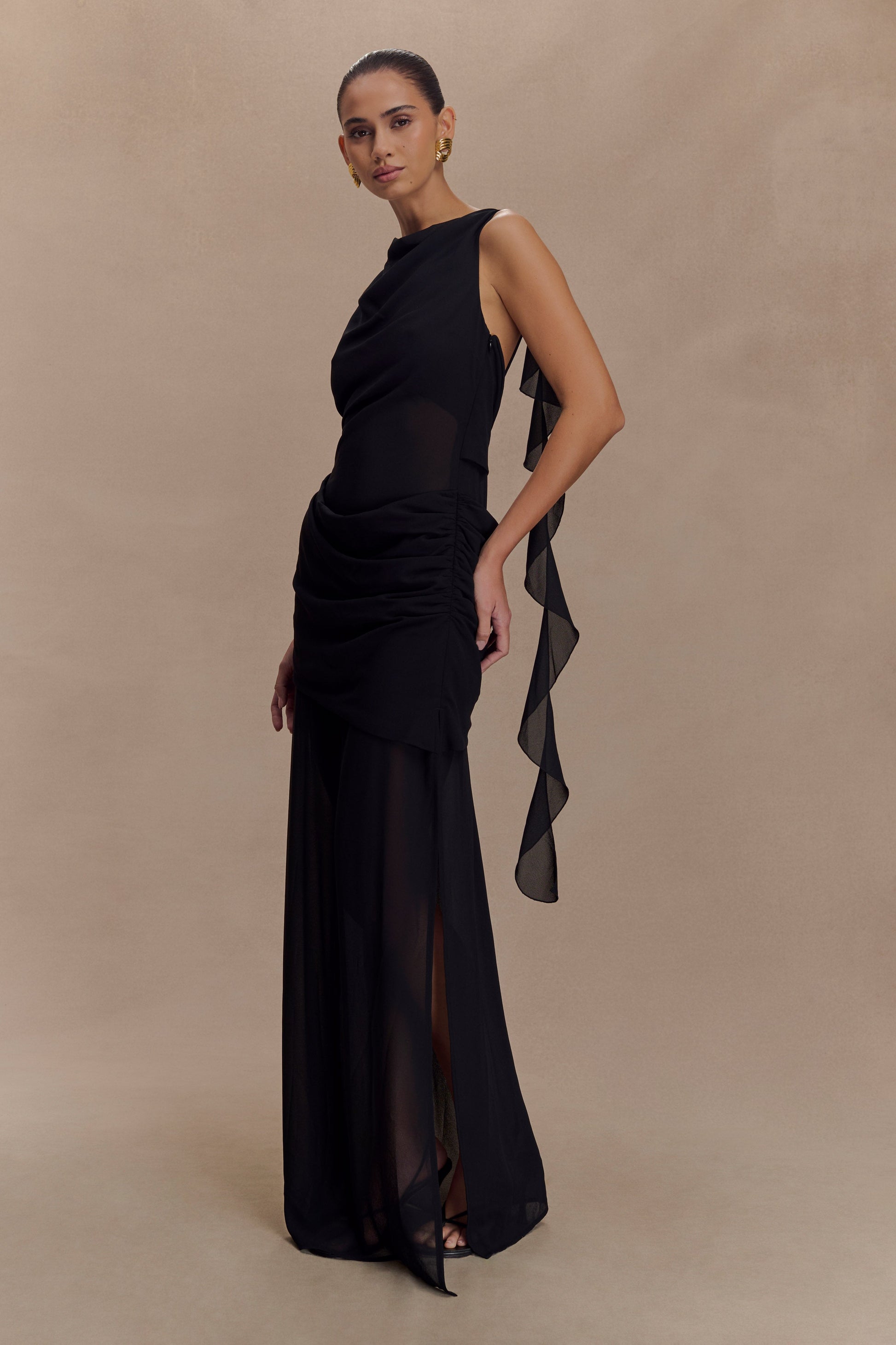 Daria Draped Chiffon Maxi Dress - Black #4