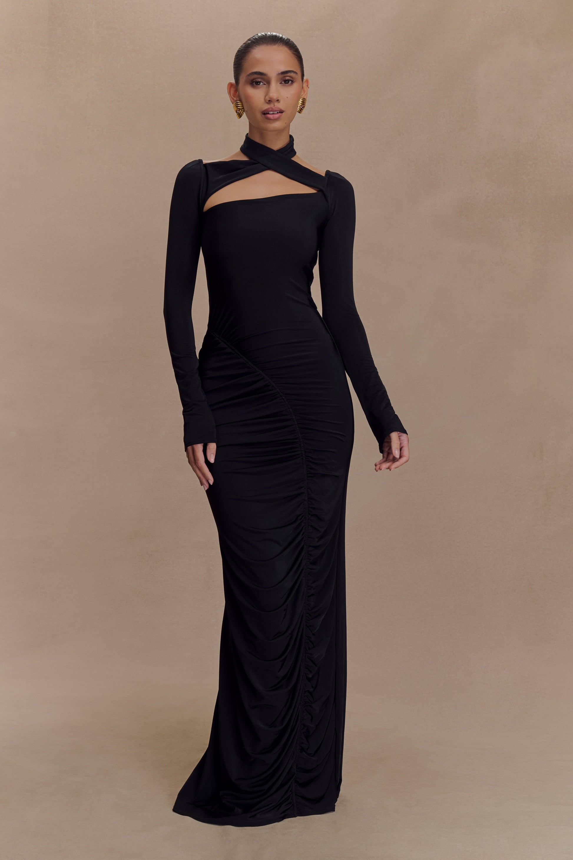 Lyndon Long Sleeve Slinky Maxi Dress - Black | MESHKI UK Lyndon Long Sleeve Slinky Maxi Dress - Black | MESHKI UK