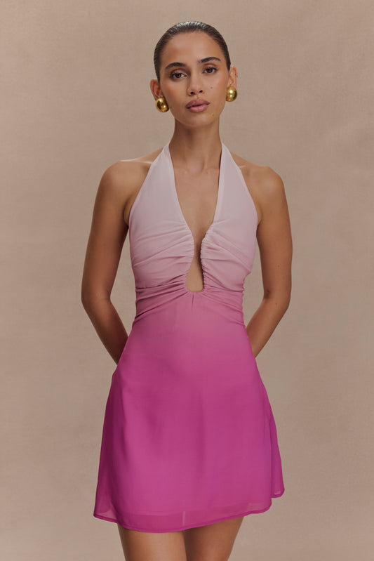 Malakhai Chiffon Halter Mini Dress - Ombre Pink