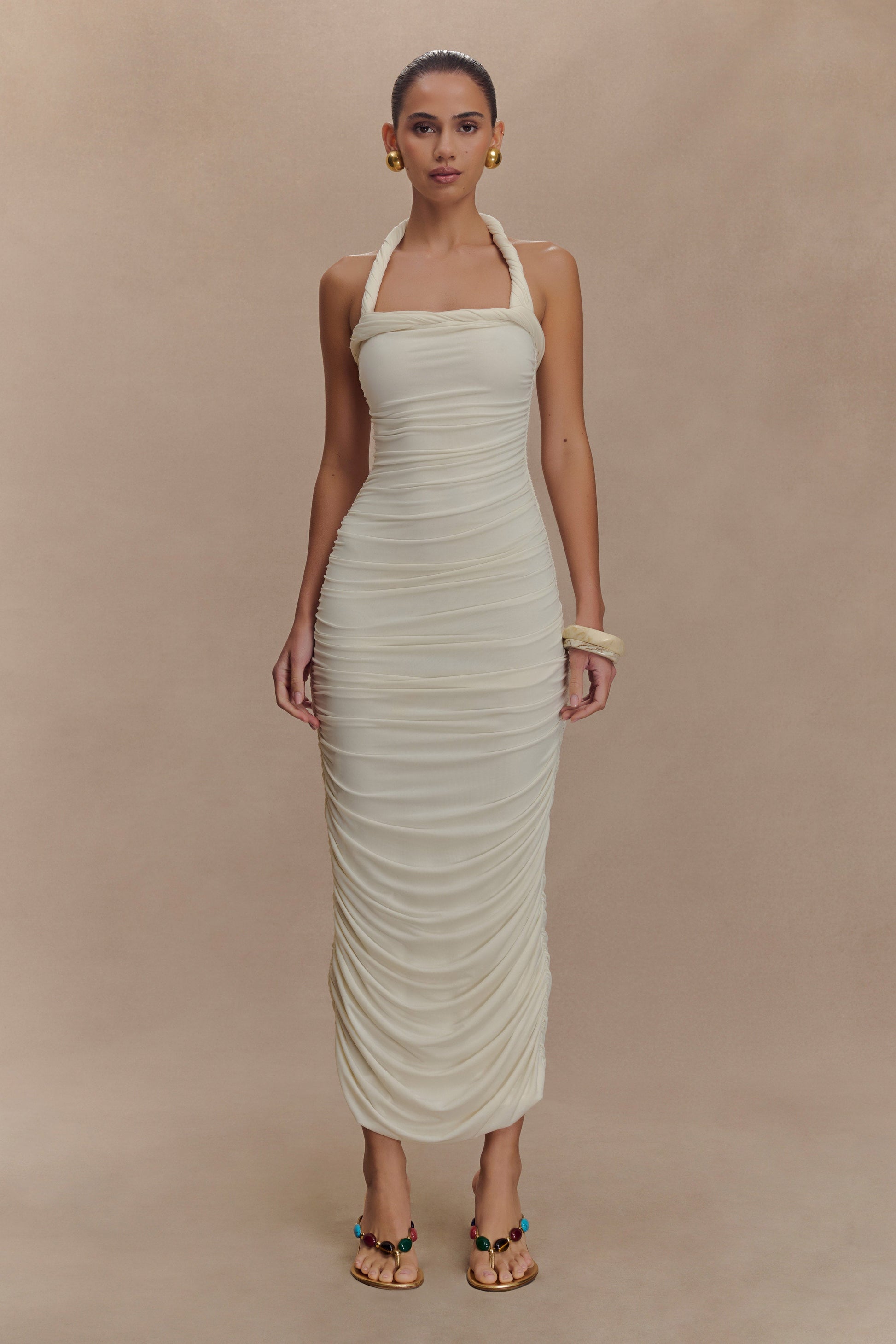 Camila Ruched Halter Midi Dress - Ivory #6