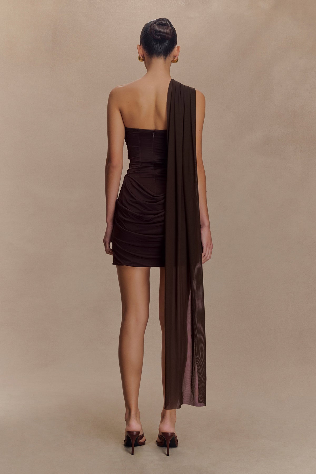 Mattea Slinky And Mesh Mini Dress With Scarf - Dark Chocolate #2