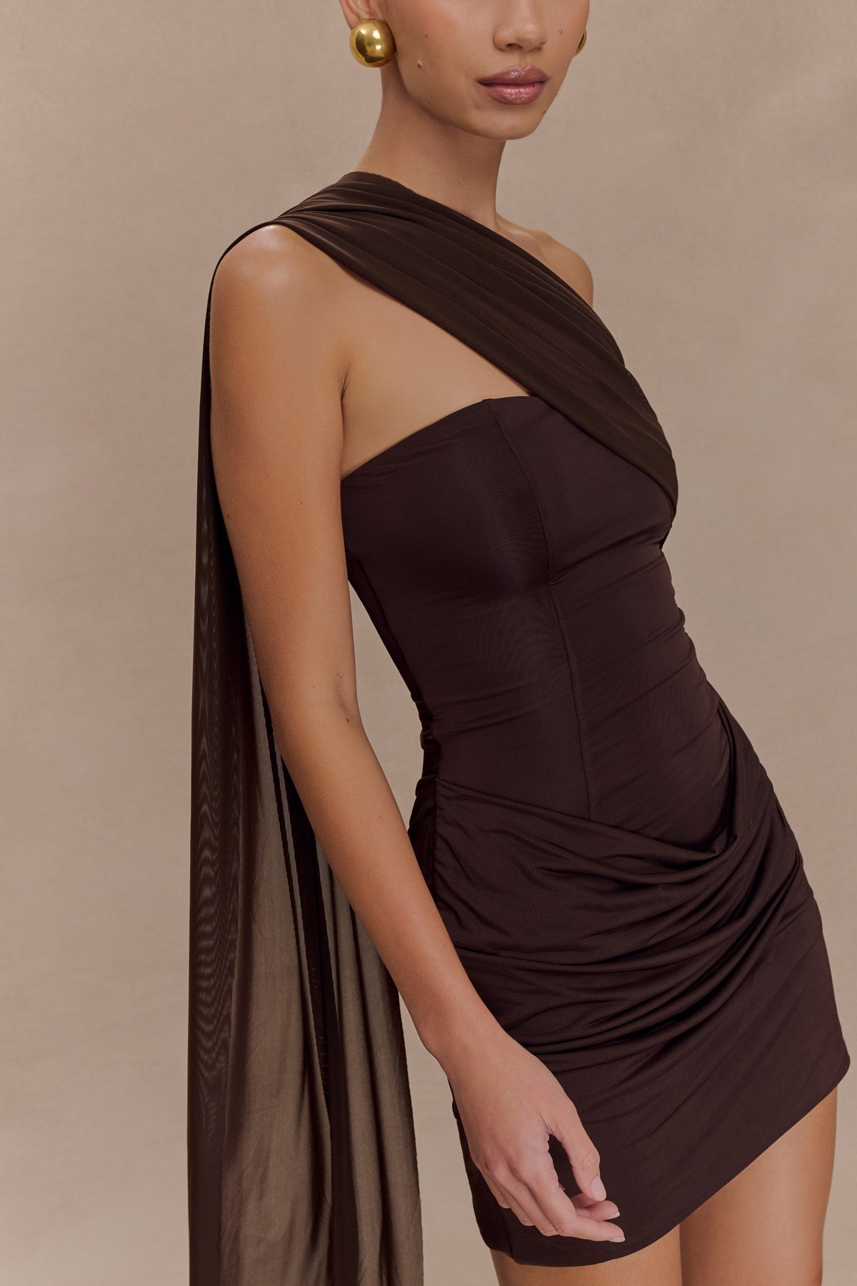 Mattea Slinky And Mesh Mini Dress With Scarf - Dark Chocolate #3