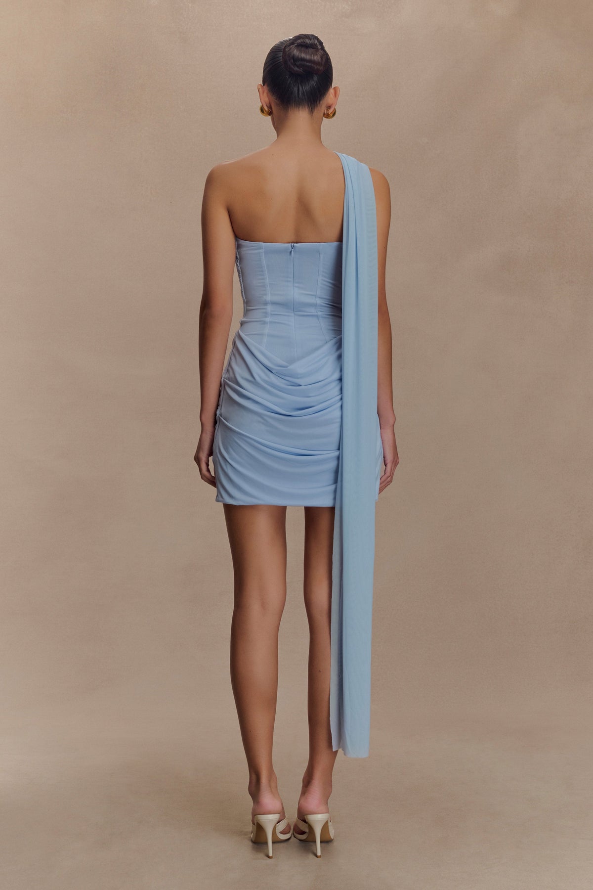Mattea Slinky And Mesh Mini Dress With Scarf - Powder Blue #2