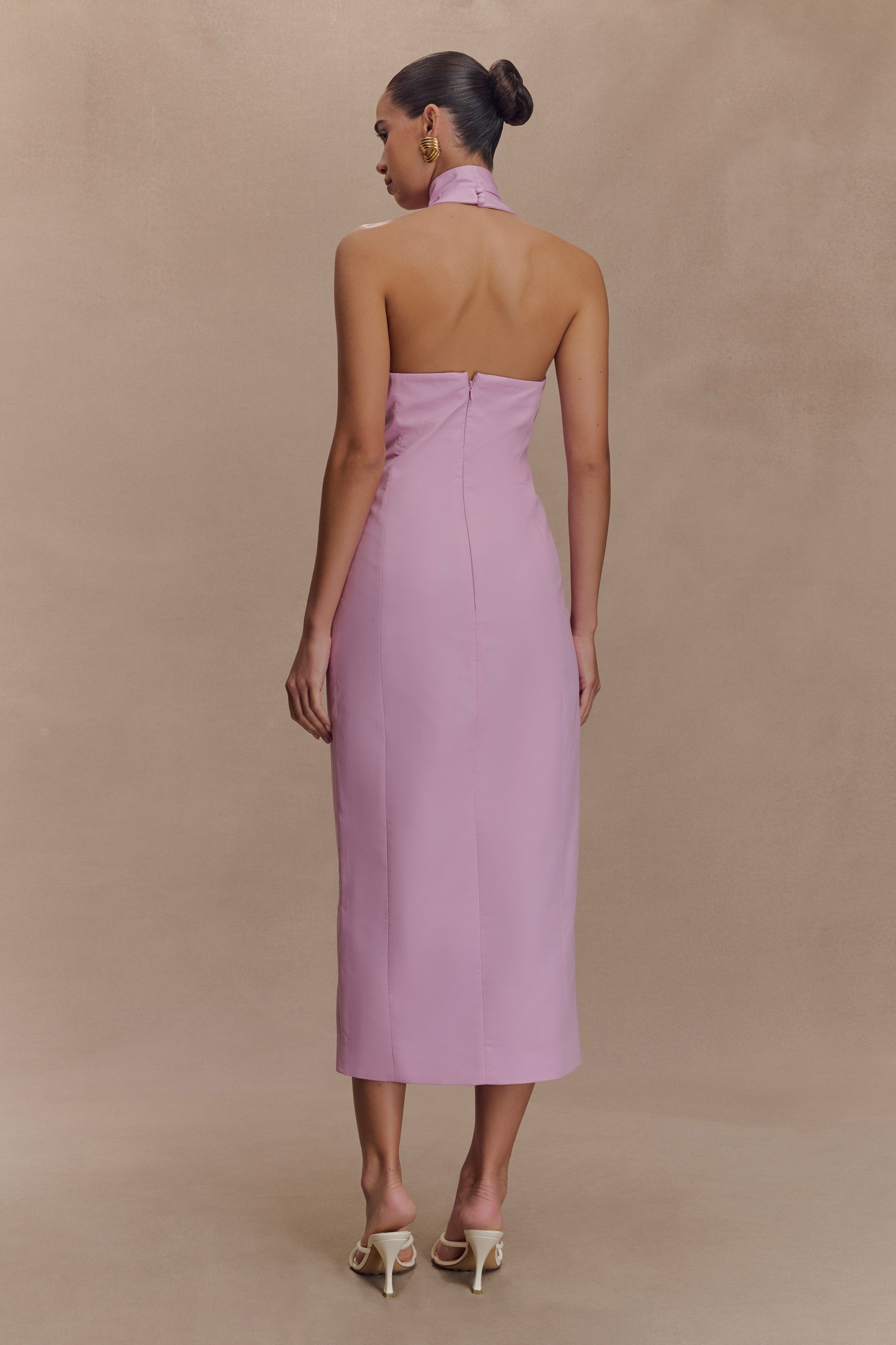 Simona Halter Neck Midi Dress - Blush Pink | MESHKI UK Simona Halter Neck Midi Dress - Blush Pink | MESHKI UK