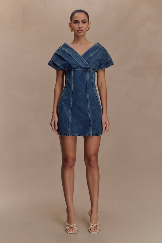 Pascale Off Shoulder Denim Mini Dress - Washed Dark Blue