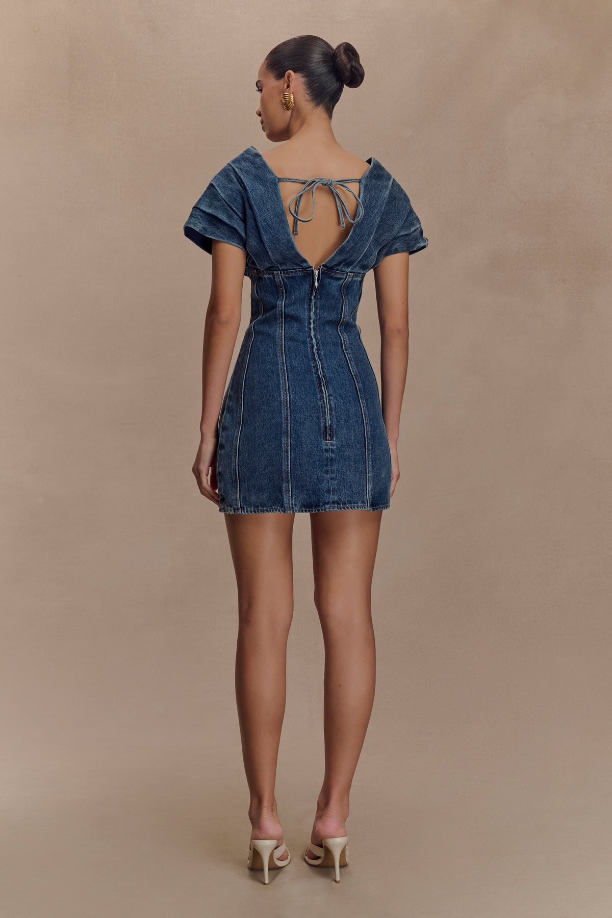 Pascale Off Shoulder Denim Mini Dress - Washed Dark Blue