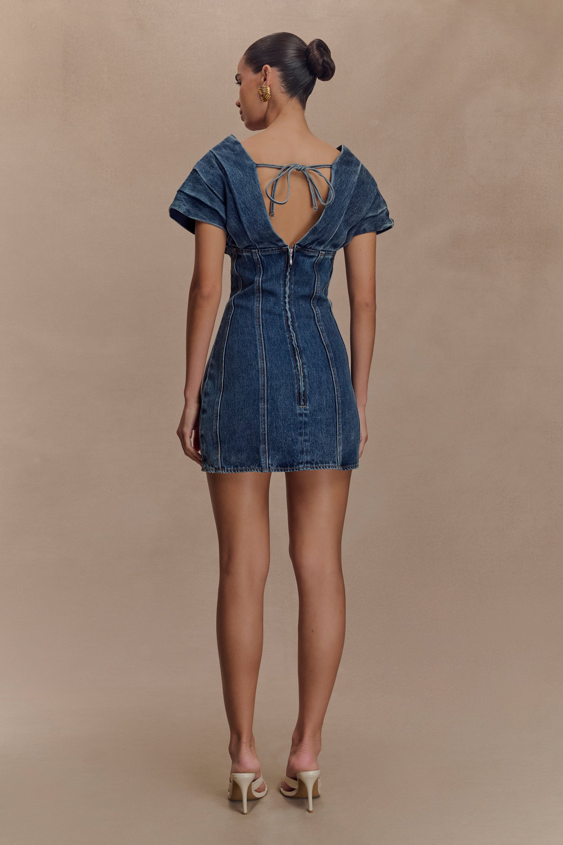 Pascale Off Shoulder Denim Mini Dress - Washed Dark Blue #2