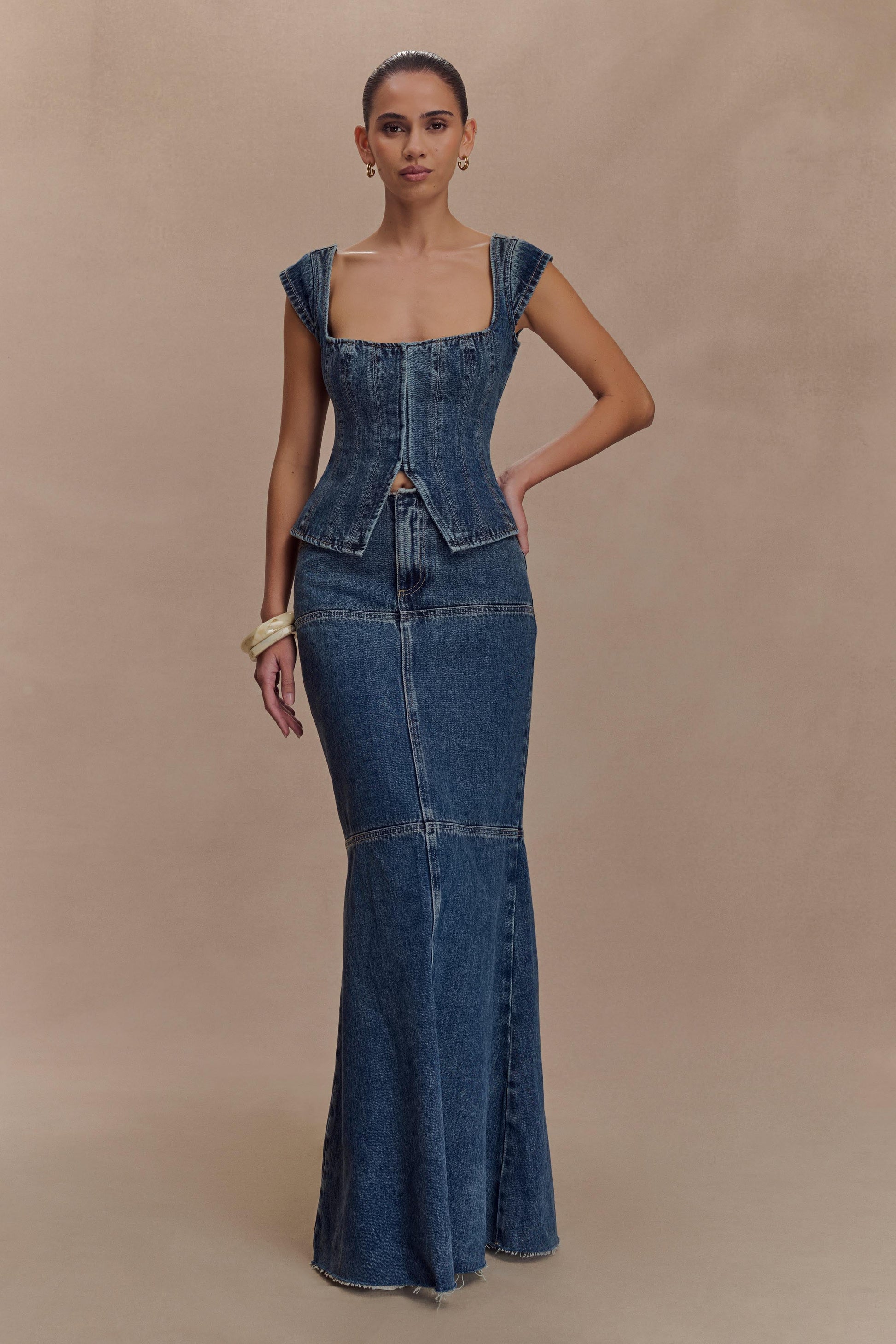 Loretta Cap Sleeve Denim Top - Washed Dark Blue #6