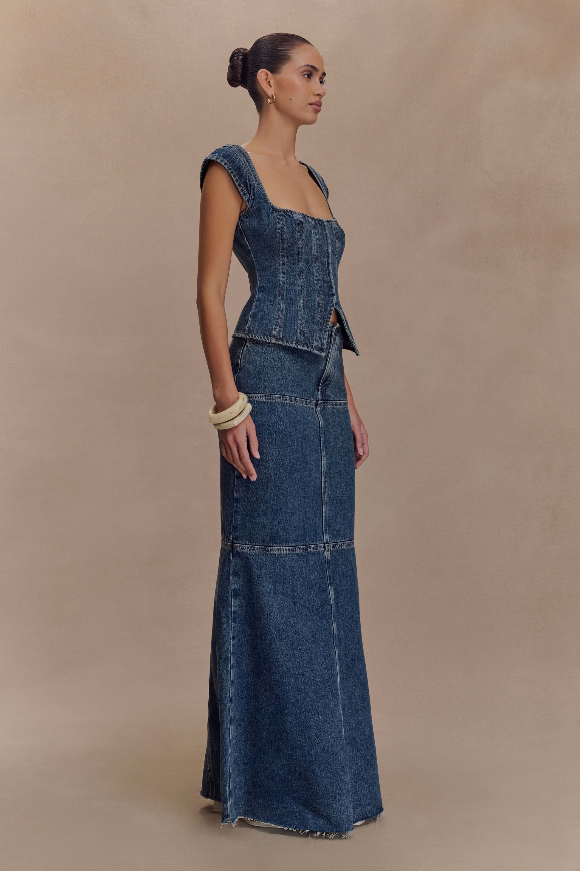 Loretta Cap Sleeve Denim Top - Washed Dark Blue #4