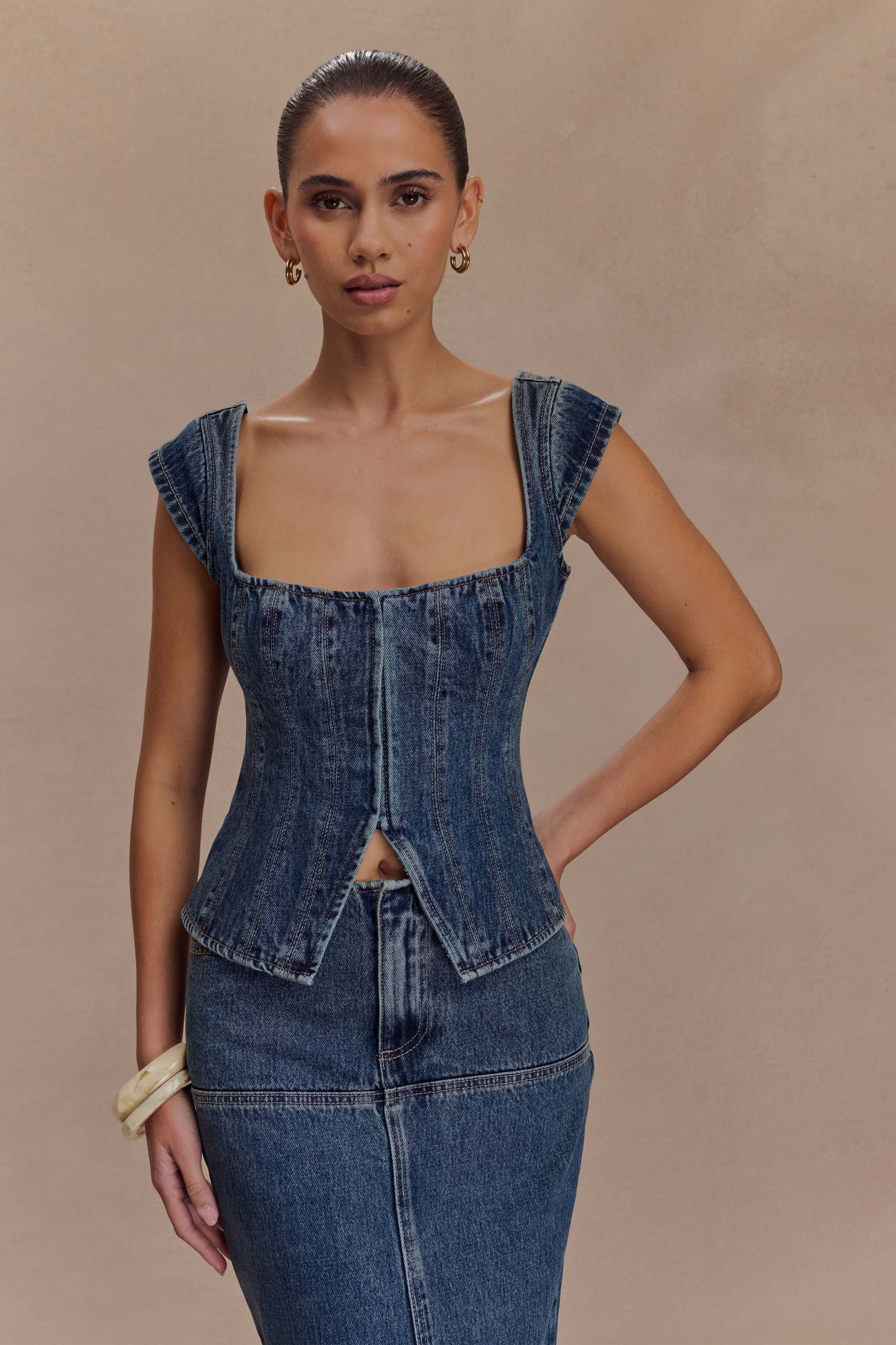 Loretta Cap Sleeve Denim Top - Washed Dark Blue #2