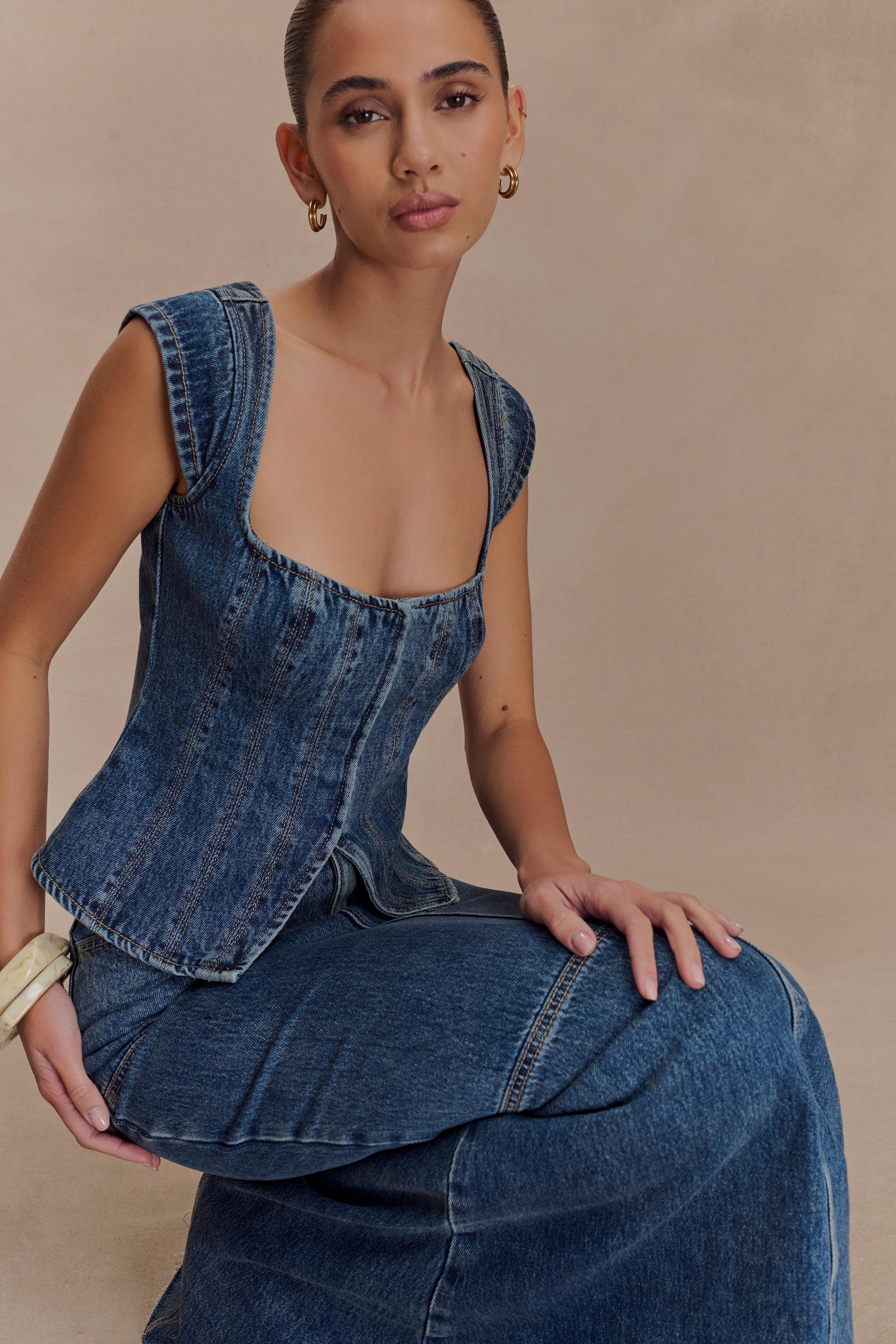 Loretta Cap Sleeve Denim Top - Washed Dark Blue #3
