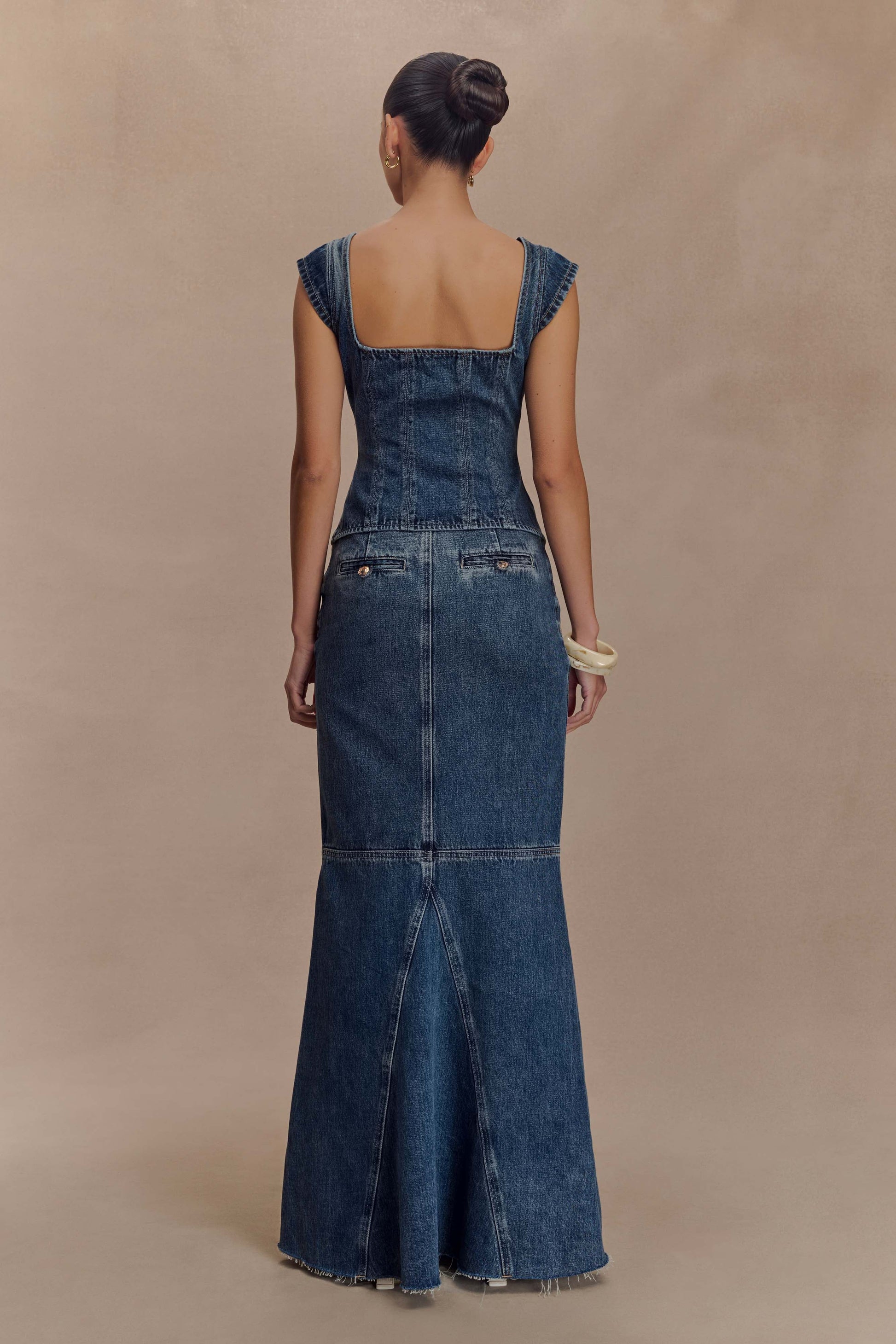 Loretta Cap Sleeve Denim Top - Washed Dark Blue #5