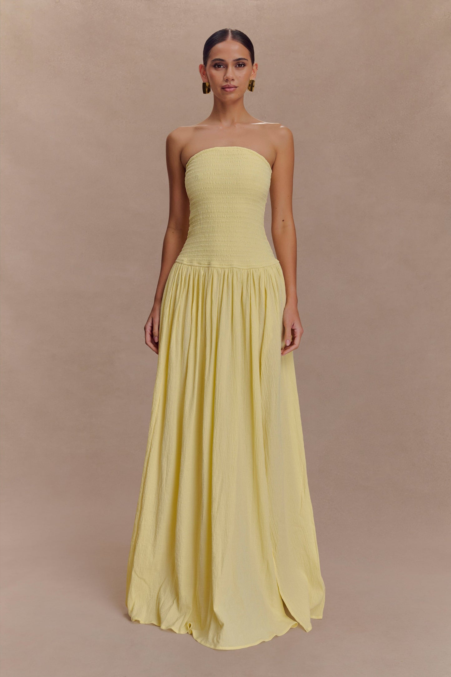 Maureen Cotton Shirring Maxi Dress - Lemon