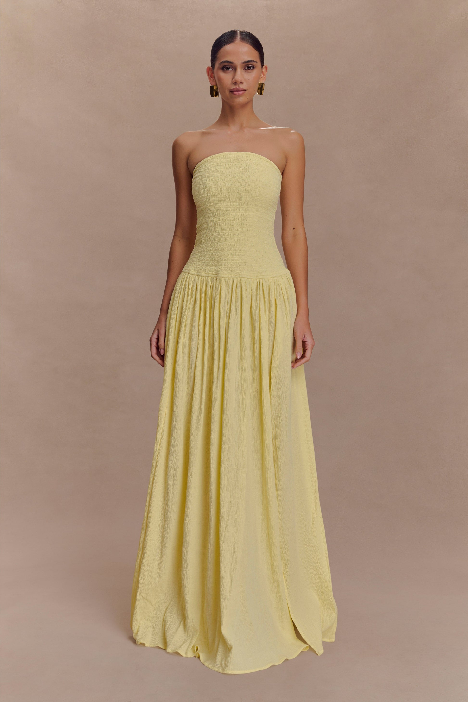 Maureen Cotton Shirring Maxi Dress - Lemon